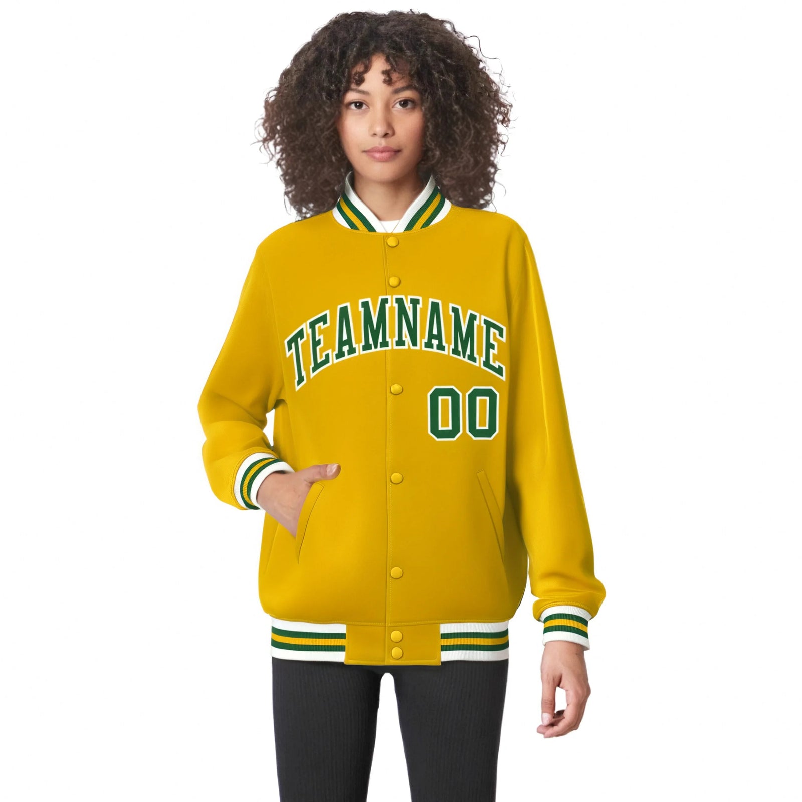 Custom Yellow Green-White Bomber Full-Snap Varsity Letterman Jacket