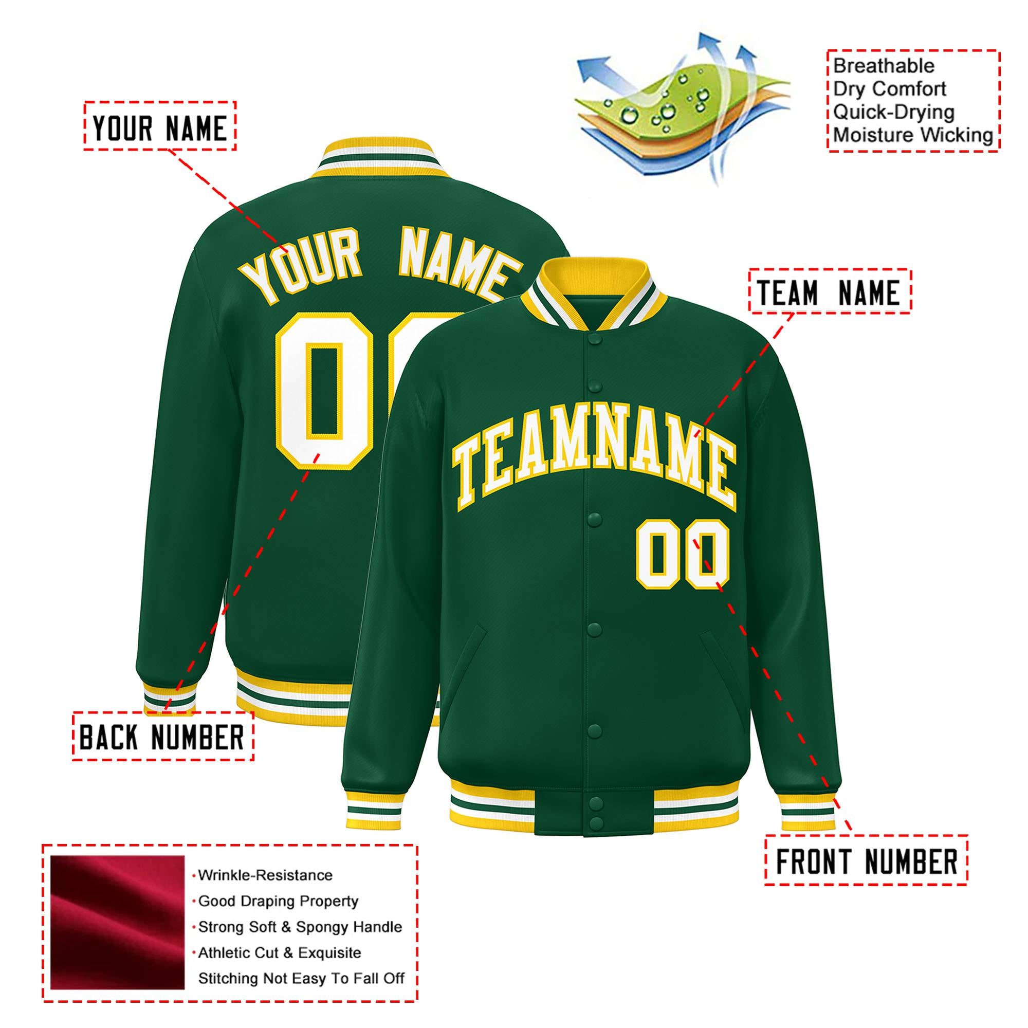 Custom Kelly Green White-Yellow Bomber Full-Snap Varsity Letterman Jacket