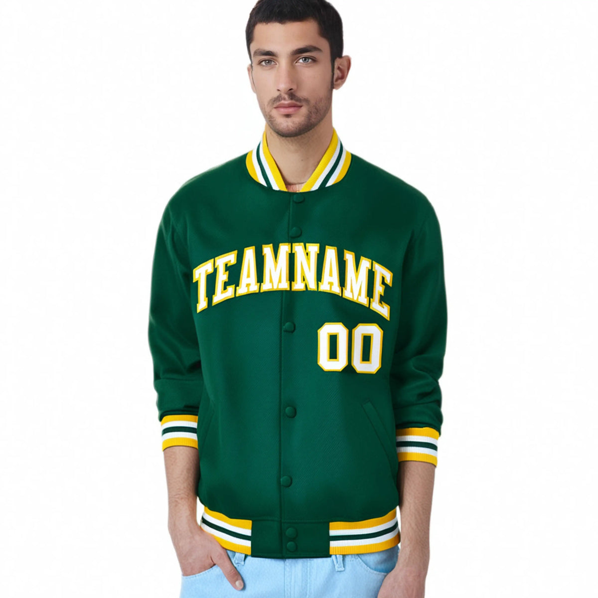 Custom Kelly Green White-Yellow Bomber Full-Snap Varsity Letterman Jacket