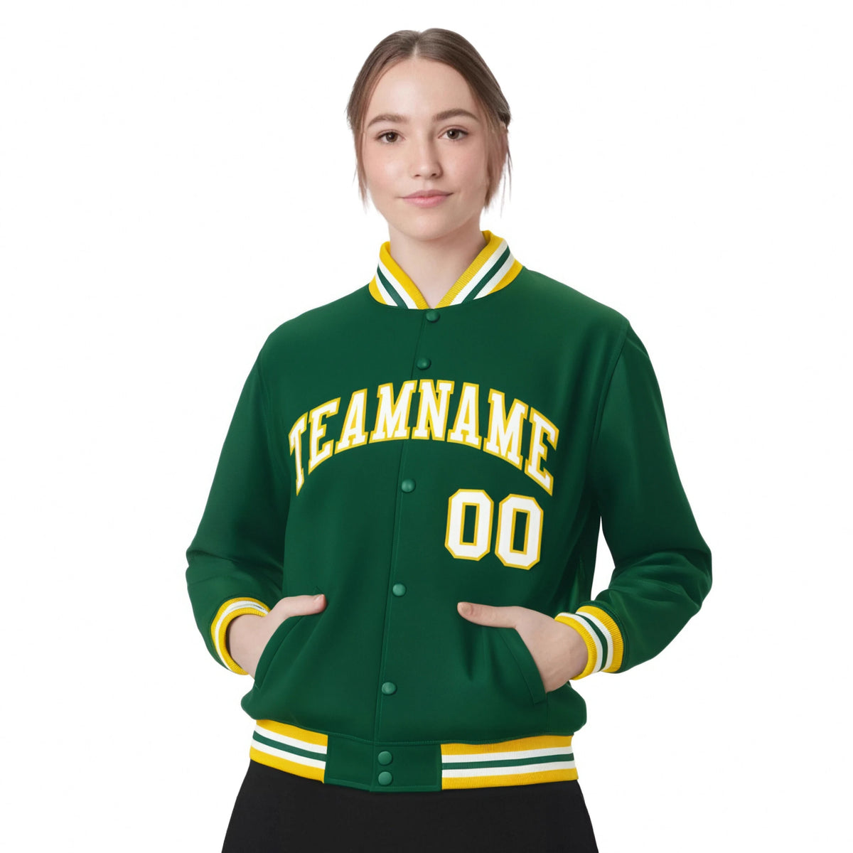 Custom Kelly Green White-Yellow Bomber Full-Snap Varsity Letterman Jacket