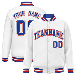 Custom White Royal Blue Red Bomber Full-Snap Varsity Letterman Jacket - Style 1
