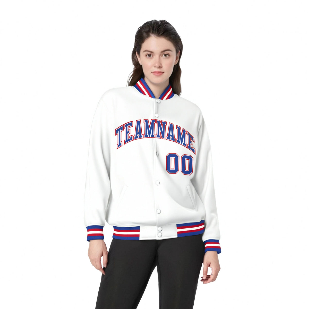 Custom White Thunder-Blue Red Bomber Full-Snap Varsity Letterman Jacket