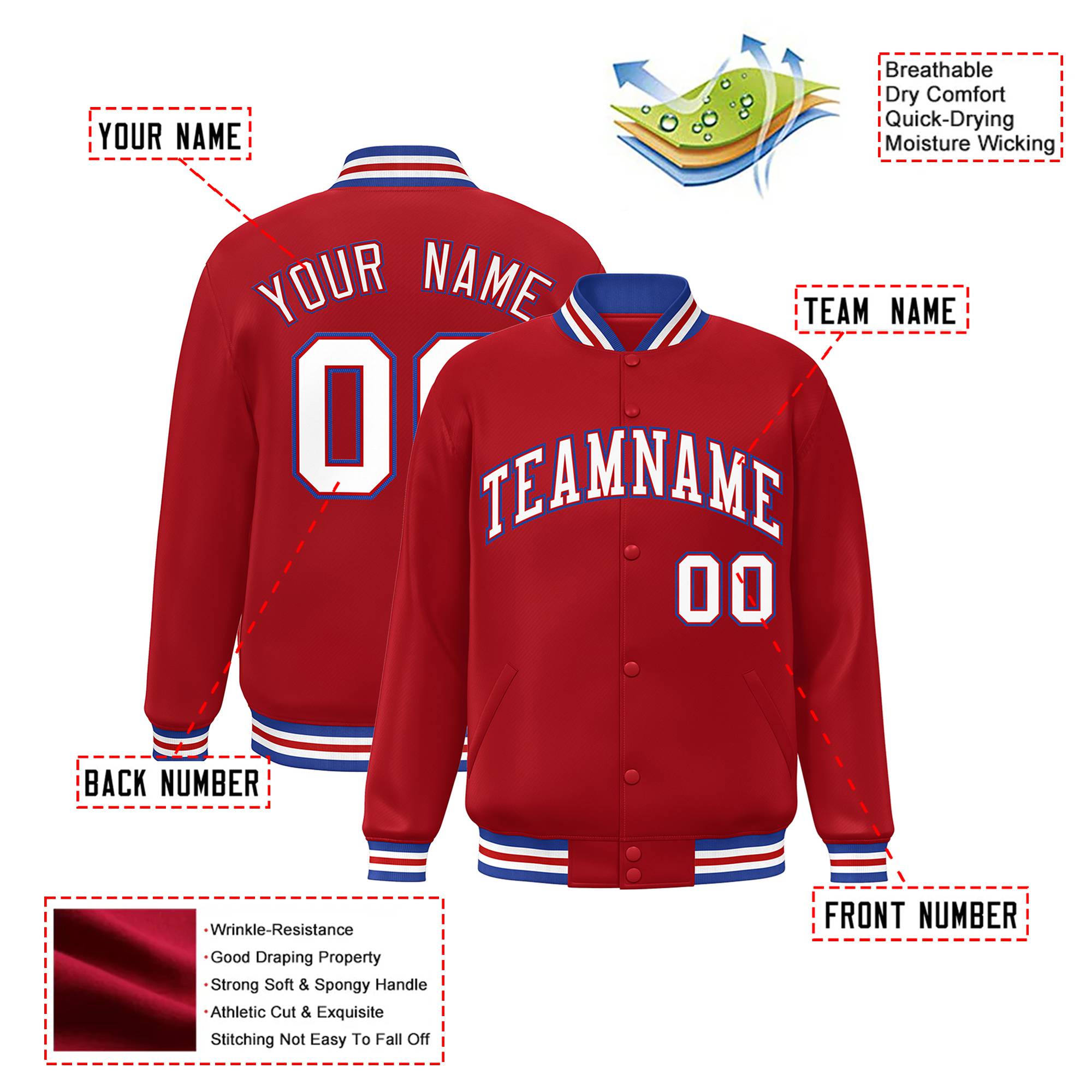 Custom Royal Red White-Blue Bomber Full-Snap Varsity Letterman Jacket