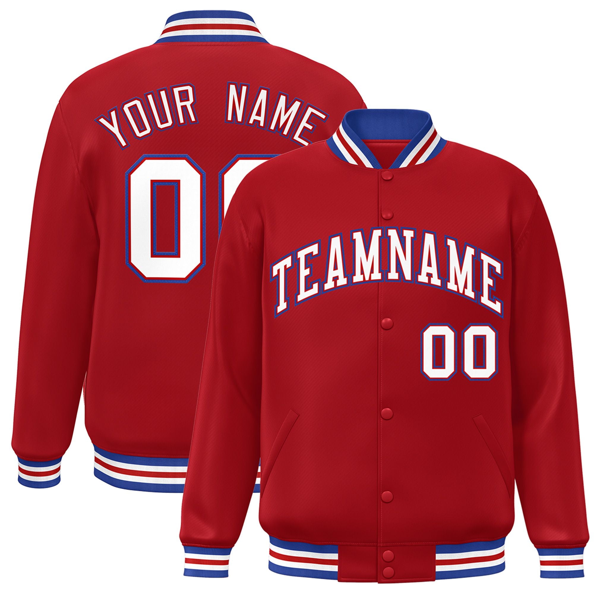 Custom Royal Red White-Blue Bomber Full-Snap Varsity Letterman Jacket