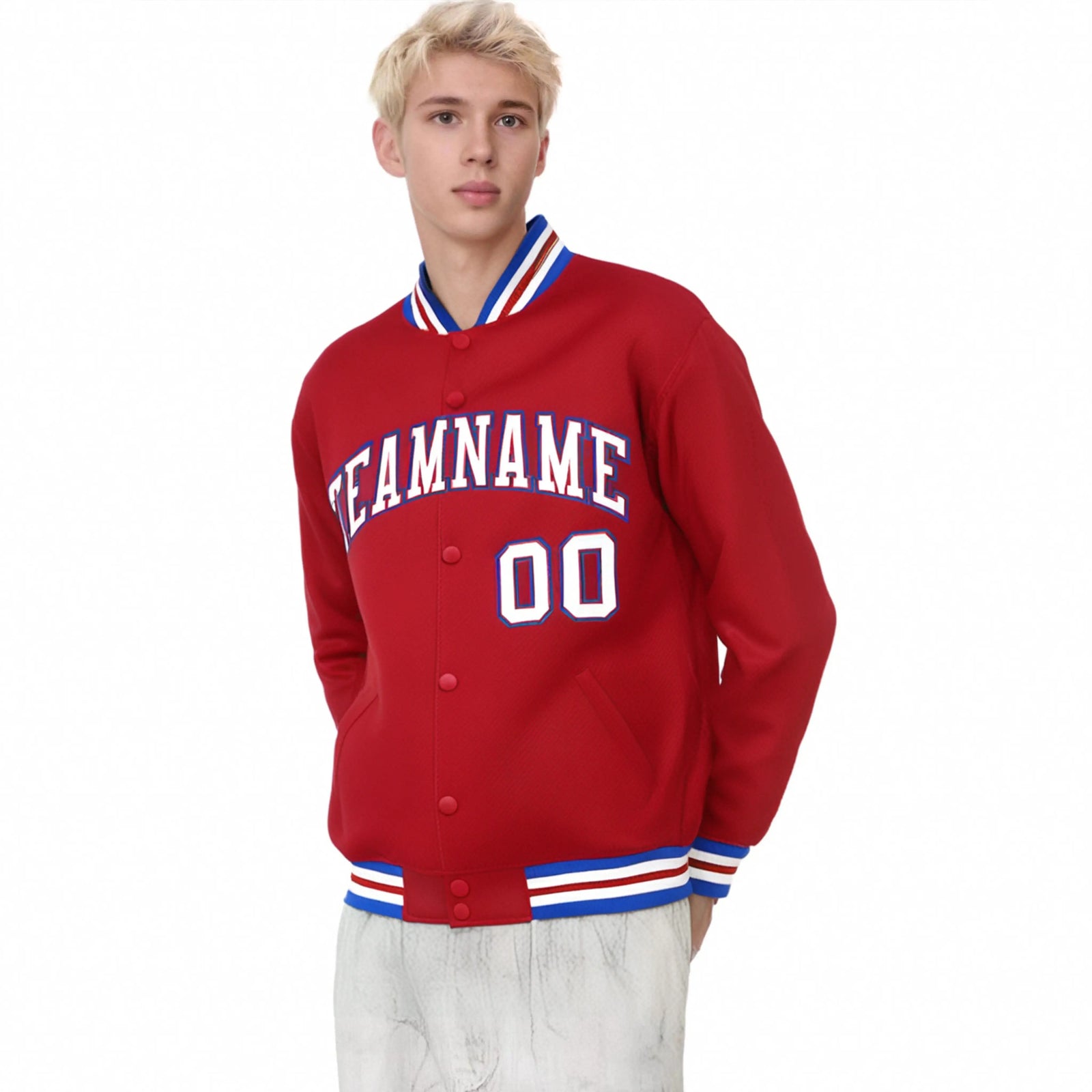 Custom Royal Red White-Blue Bomber Full-Snap Varsity Letterman Jacket
