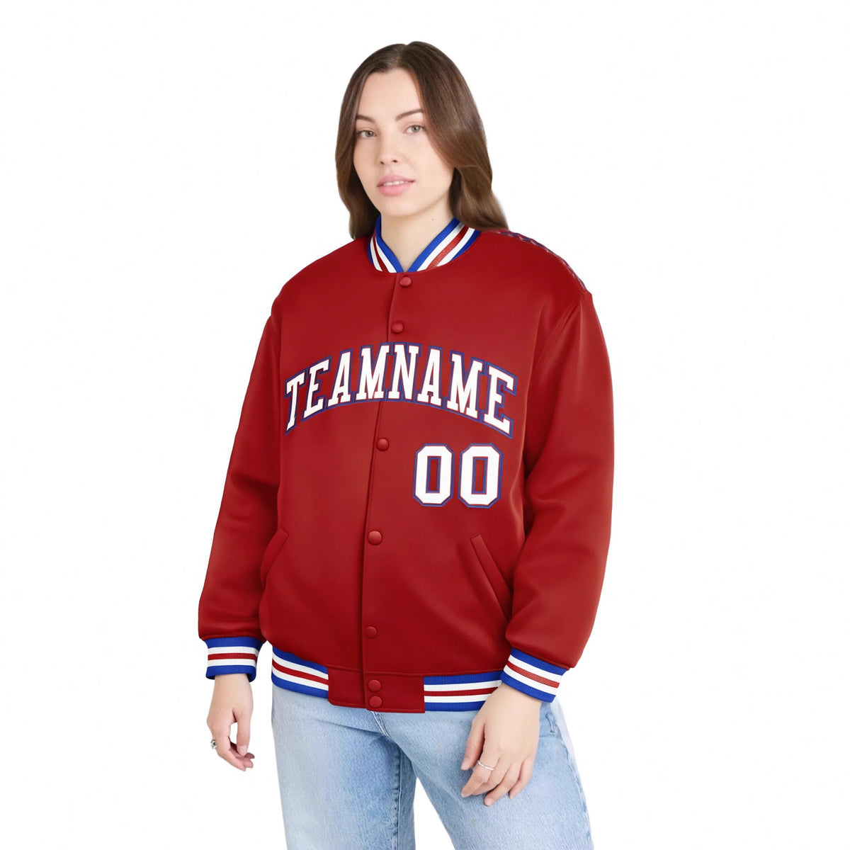 Custom Royal Red White-Blue Bomber Full-Snap Varsity Letterman Jacket