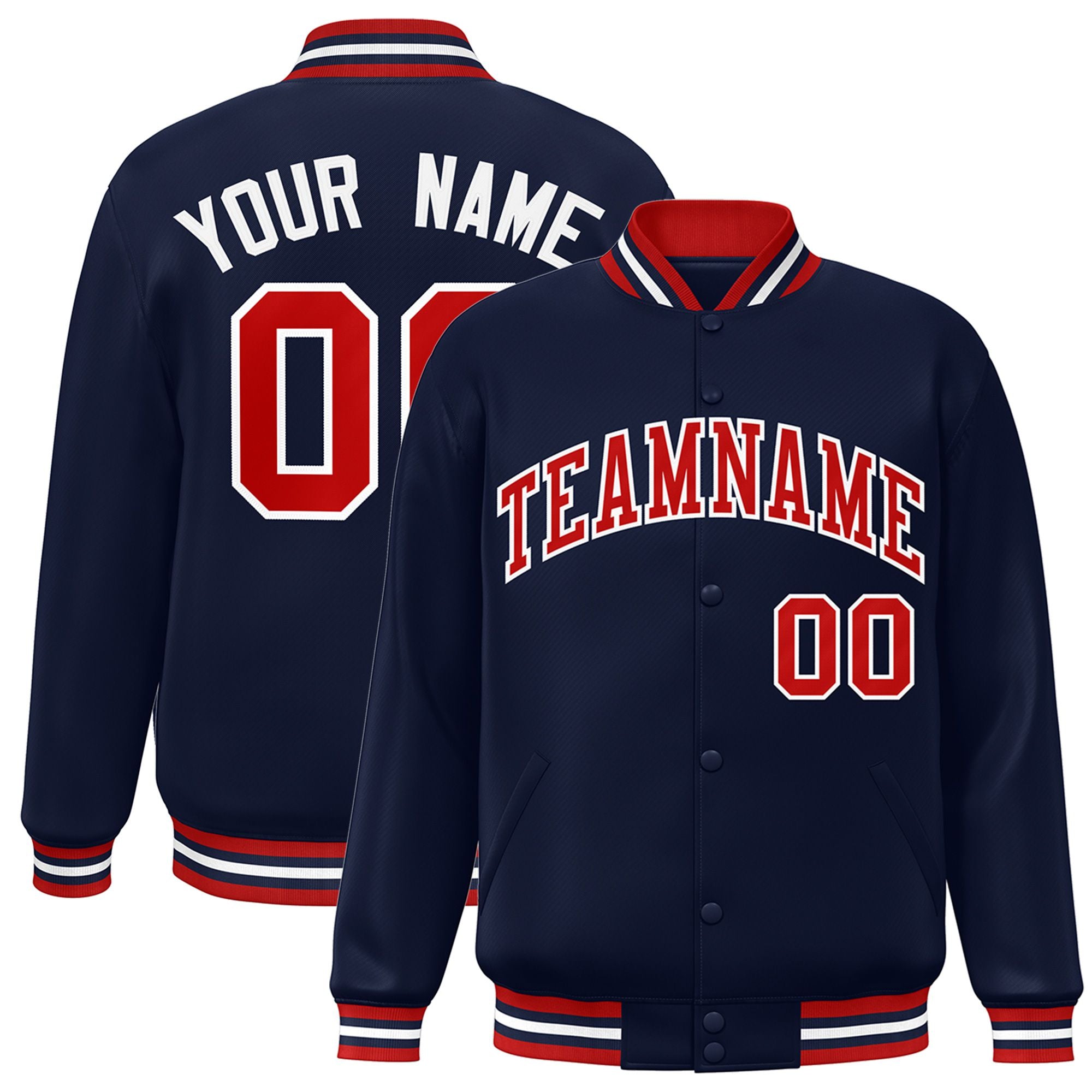 Custom Navy Red-White Bomber Full-Snap Varsity Letterman Jacket