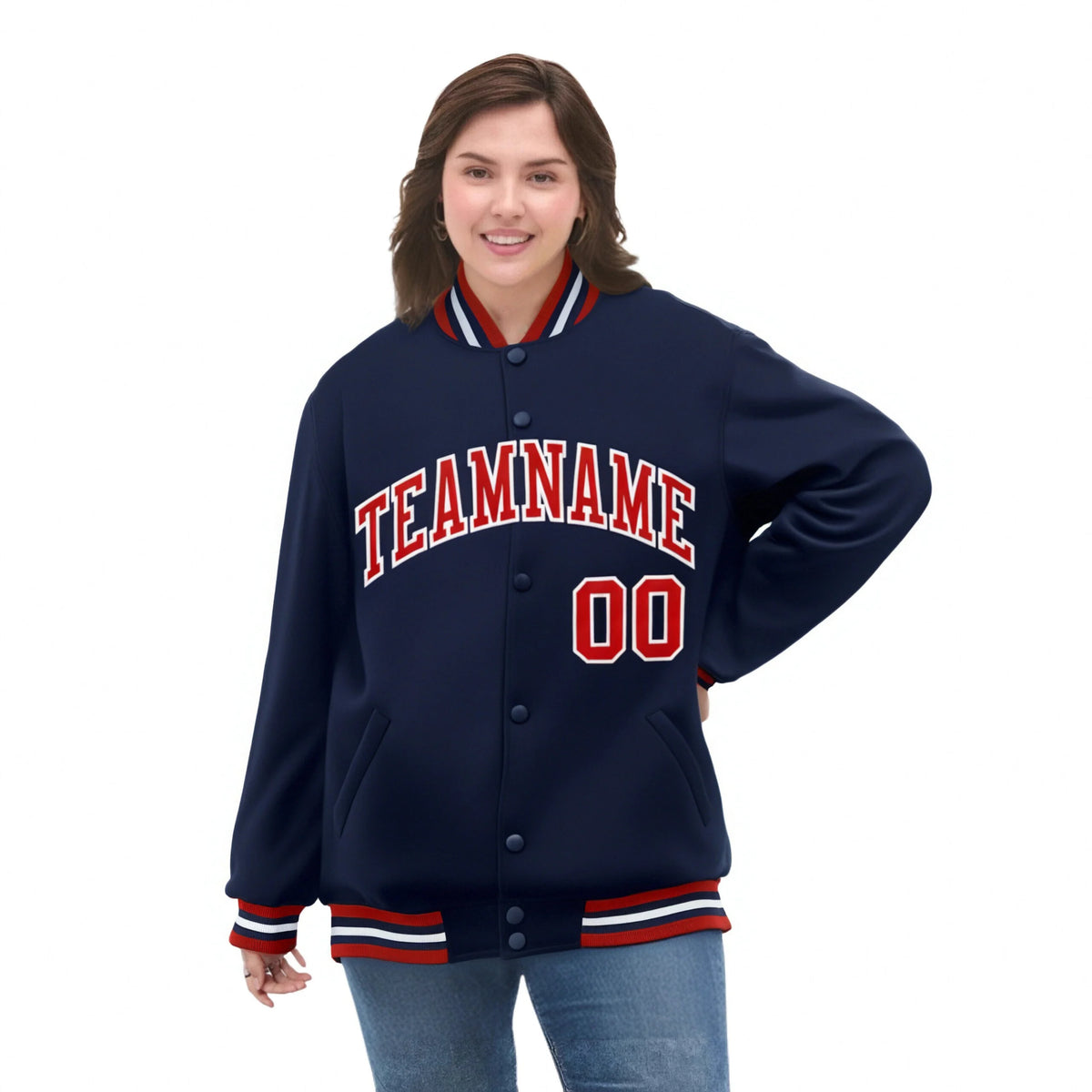 Custom Navy Red-White Bomber Full-Snap Varsity Letterman Jacket