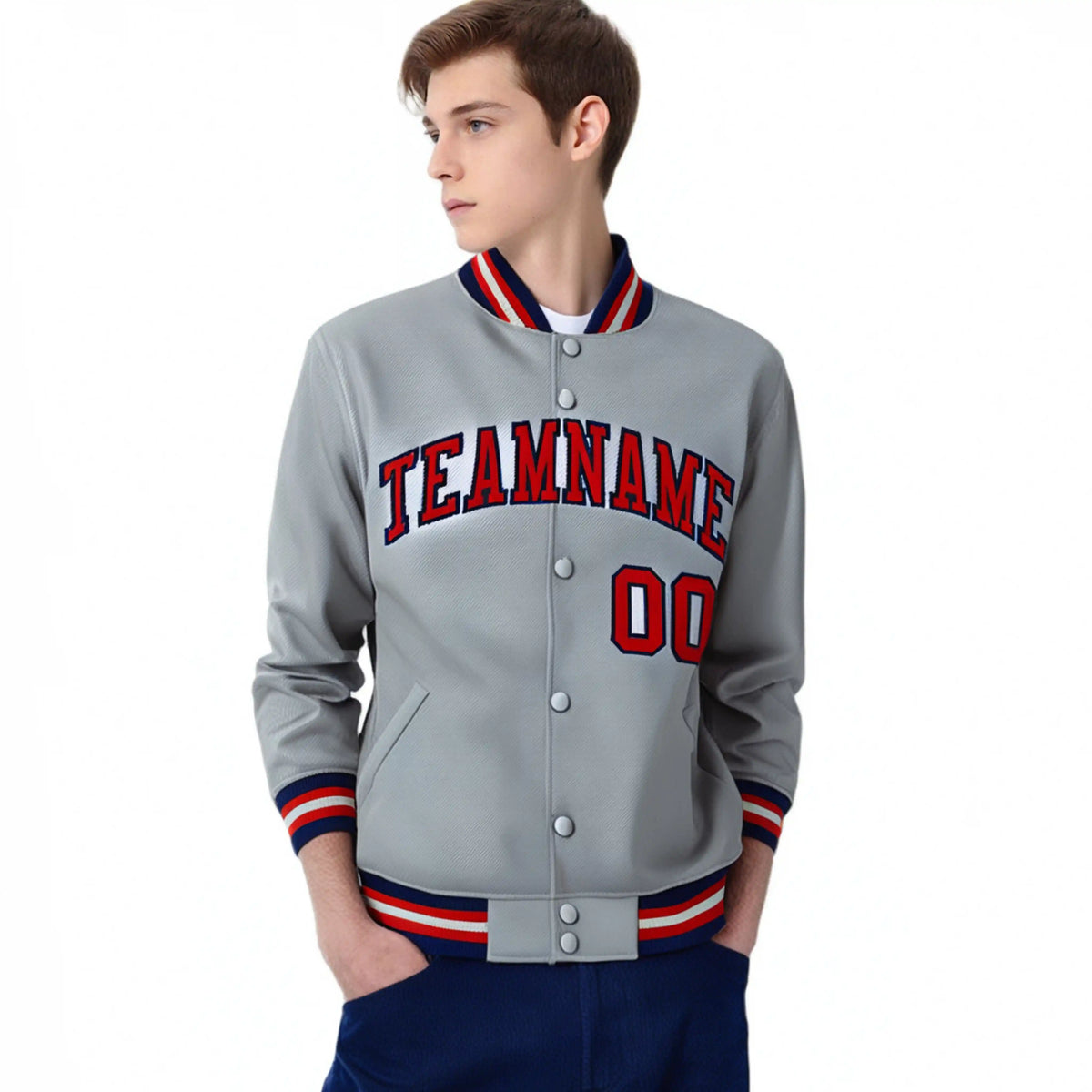 Custom Gray Red-Navy Bomber Full-Snap Varsity Letterman Jacket
