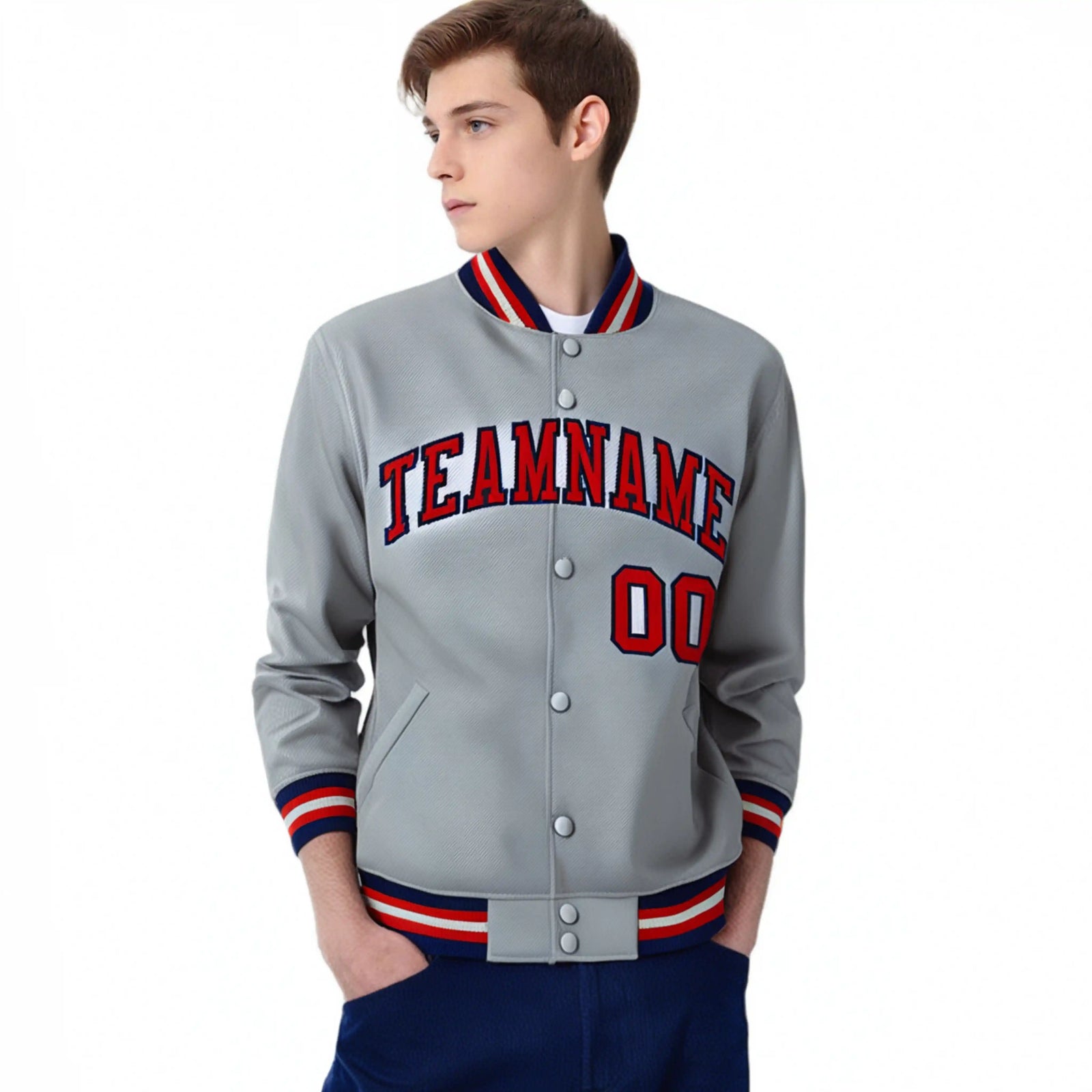 Custom Gray Red-Navy Bomber Full-Snap Varsity Letterman Jacket
