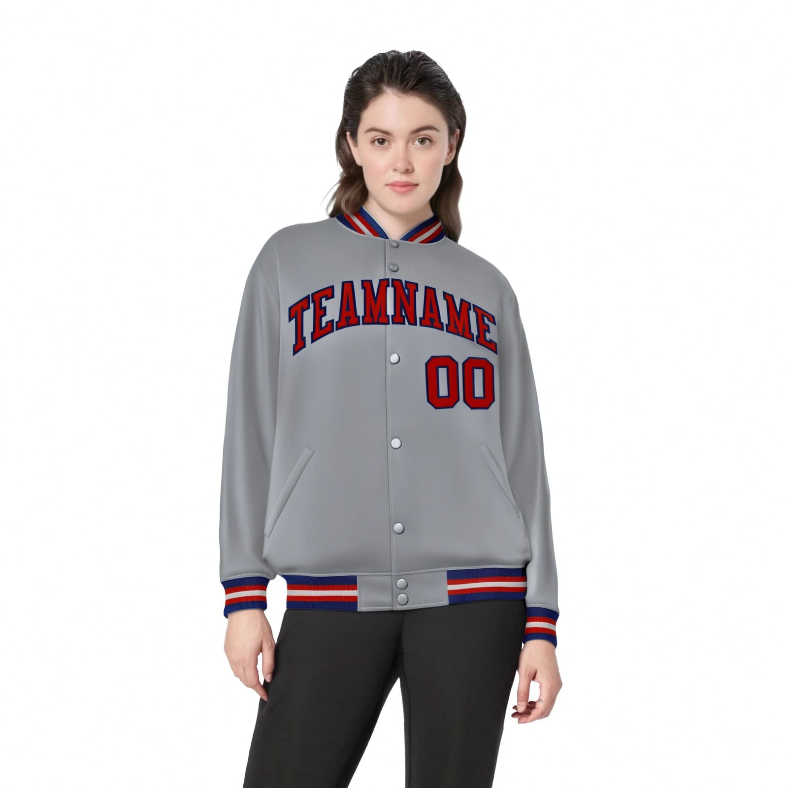 Custom Gray Red-Navy Bomber Full-Snap Varsity Letterman Jacket