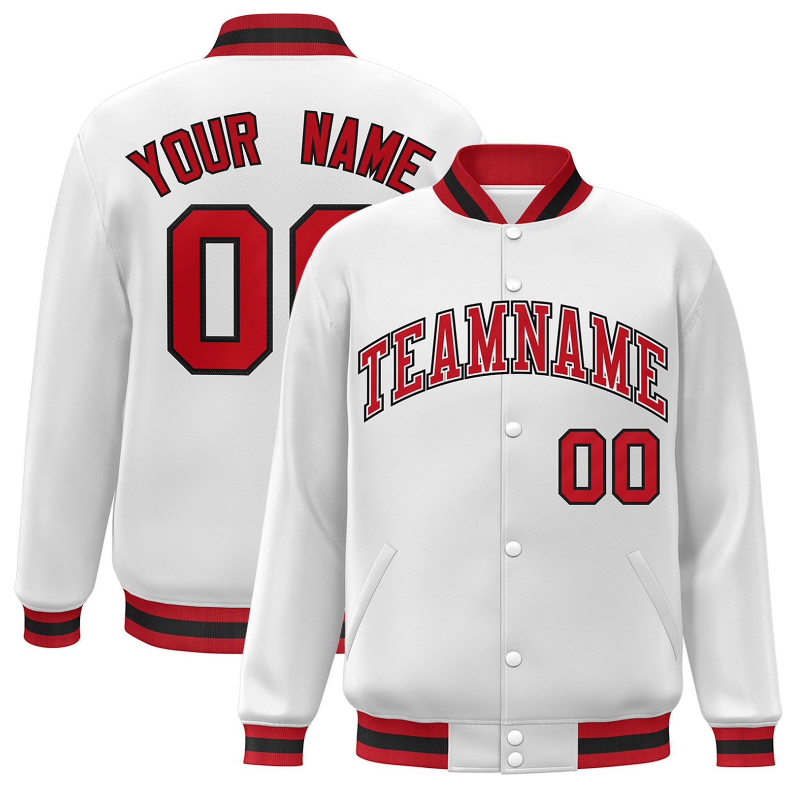Custom White Royal-Red Black Bomber Full-Snap Varsity Letterman Jacket