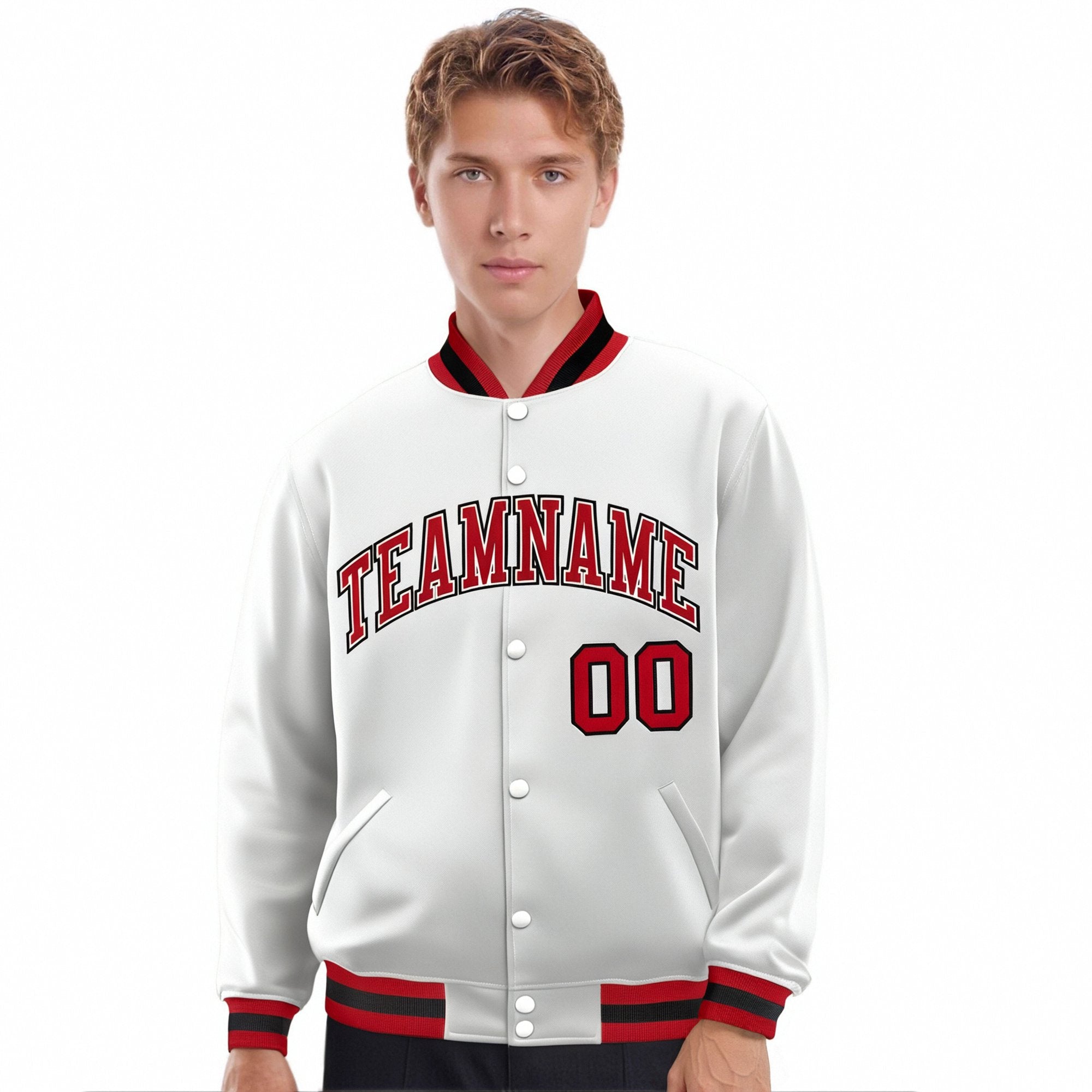 Custom White Royal-Red Black Bomber Full-Snap Varsity Letterman Jacket