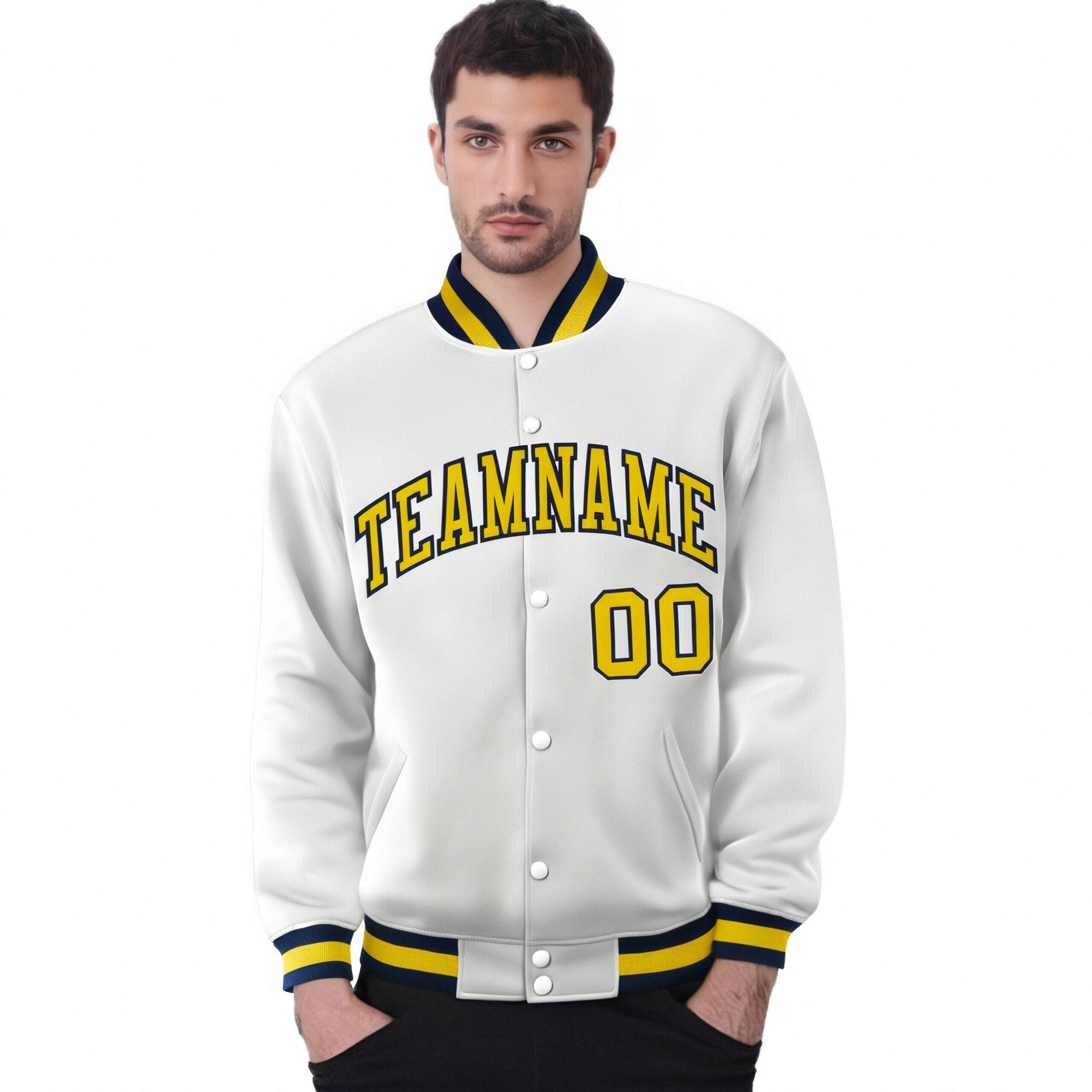 Custom White Yellow-Navy Bomber Full-Snap Varsity Letterman Jacket