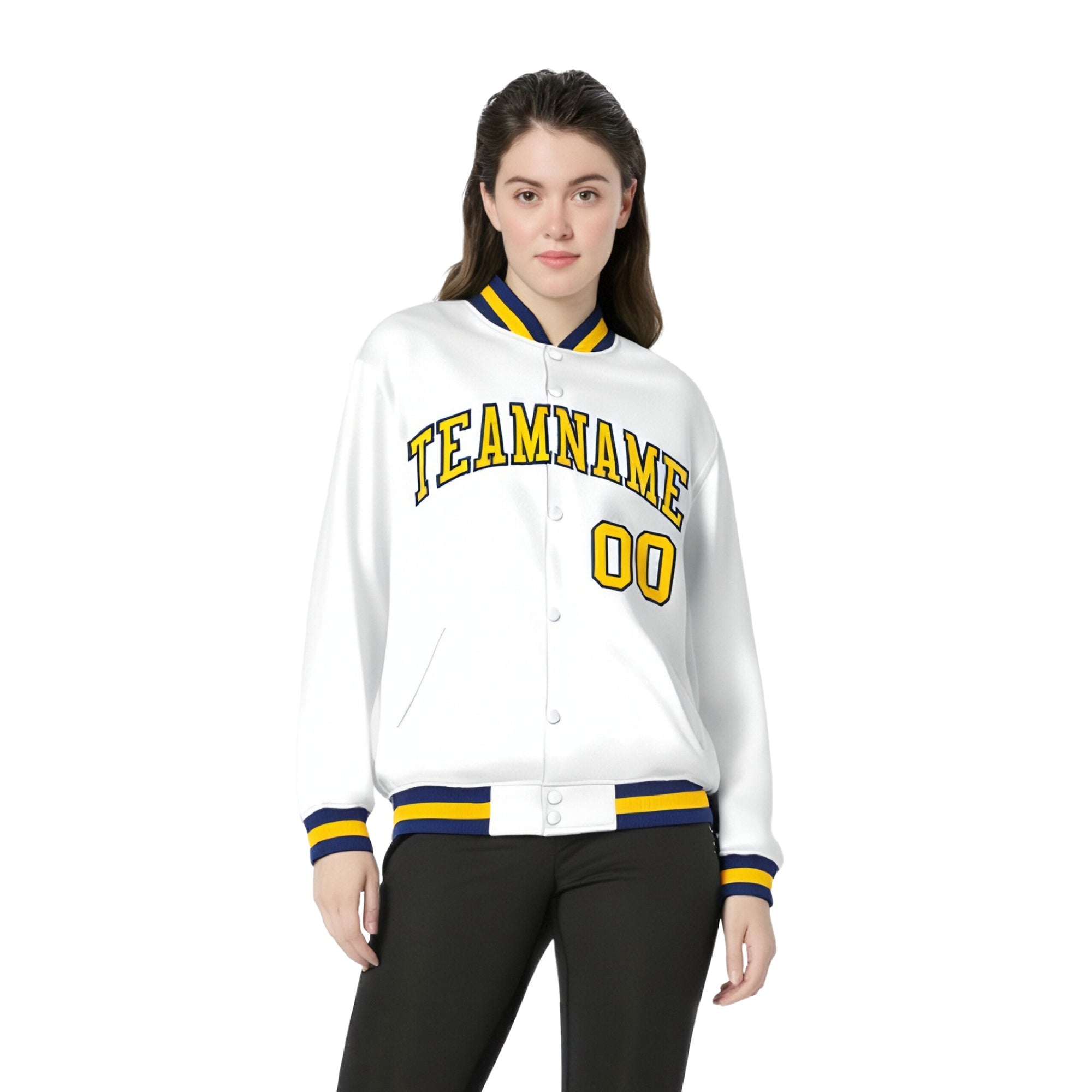 Custom White Yellow-Navy Bomber Full-Snap Varsity Letterman Jacket