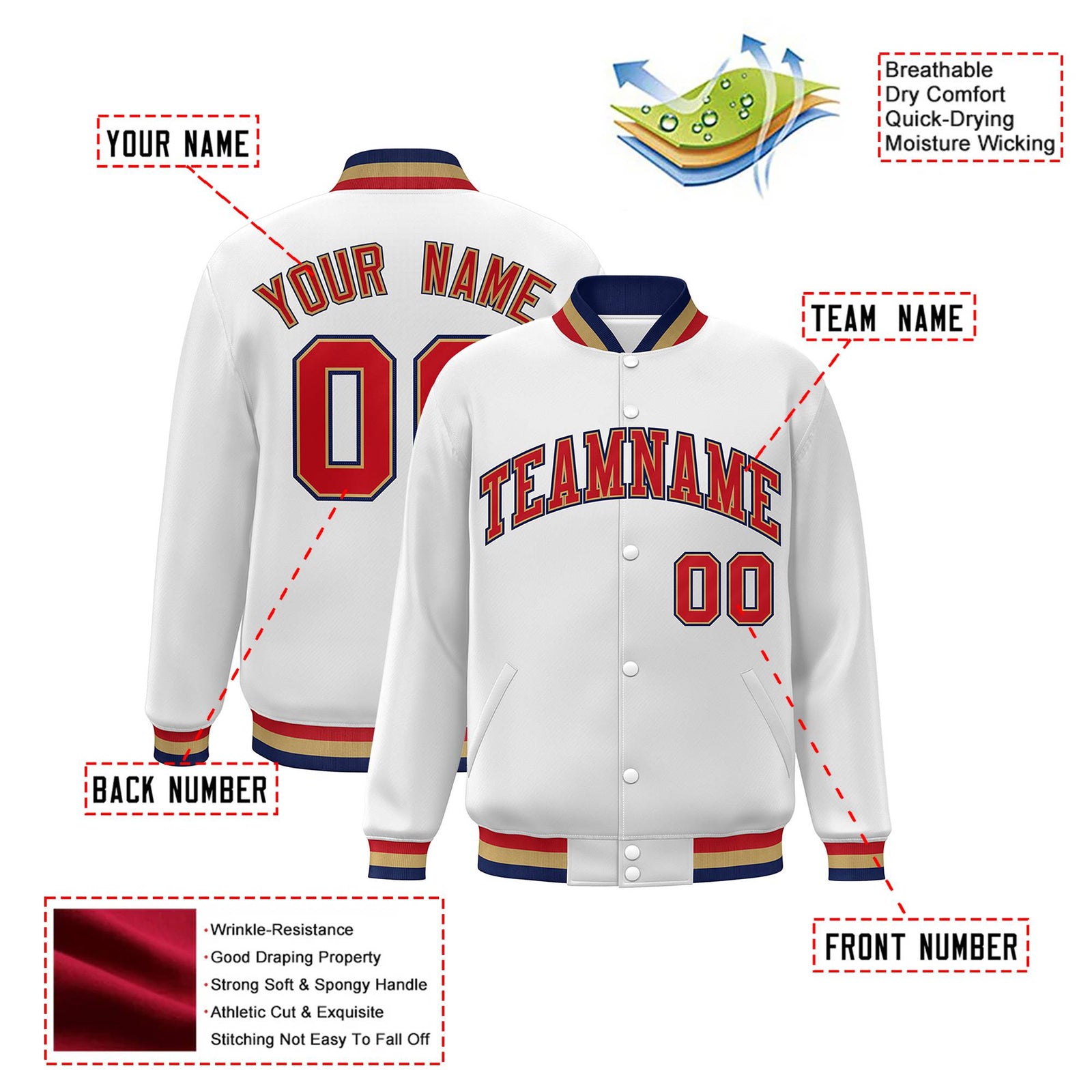 Custom White Red-Navy Old-Gold Bomber Full-Snap Varsity Letterman Jacket