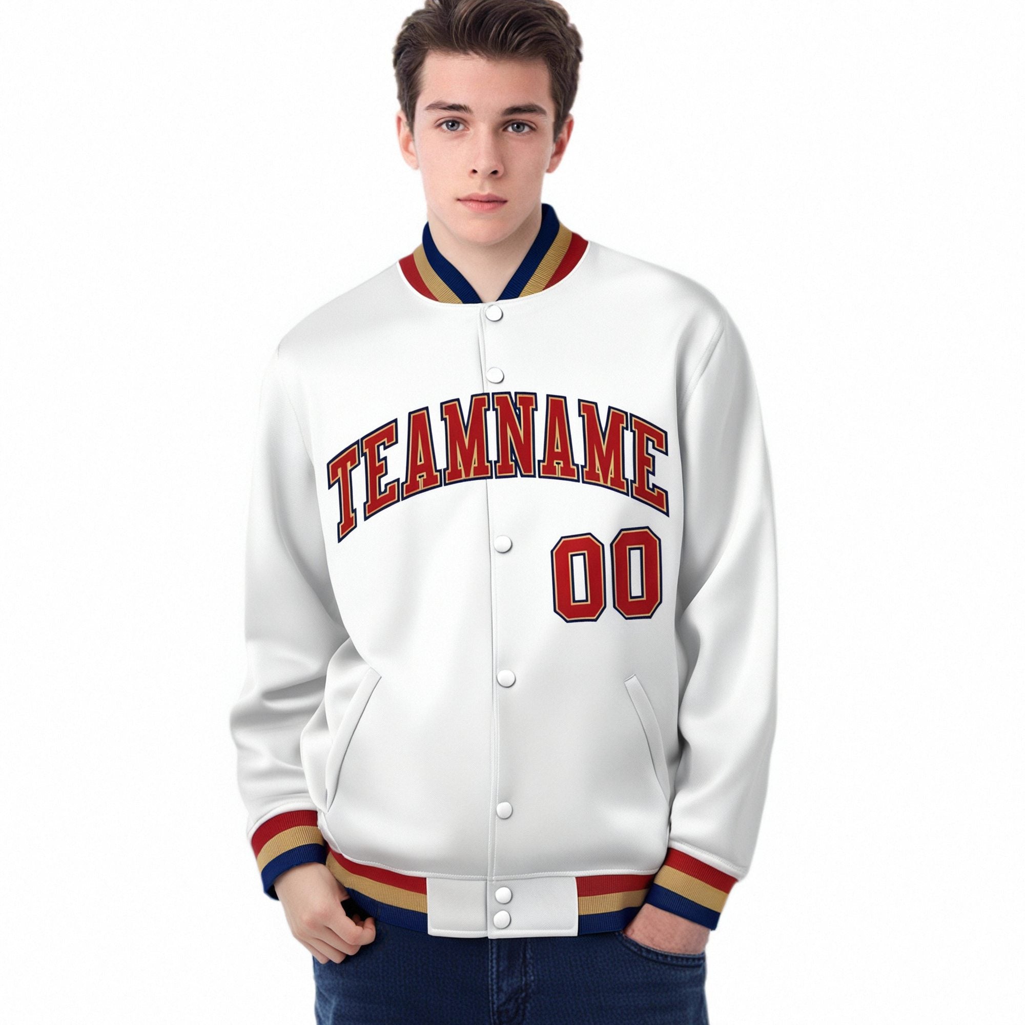 Custom White Red-Navy Old-Gold Bomber Full-Snap Varsity Letterman Jacket