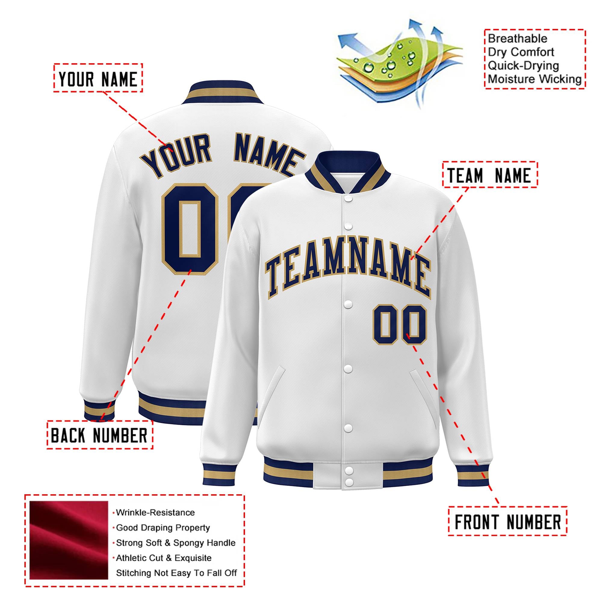 Custom White Navy Old-Gold Bomber Full-Snap Varsity Letterman Jacket