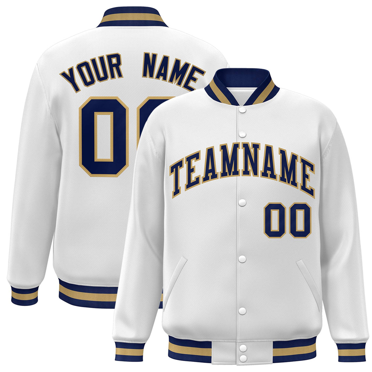 Custom White Navy Old-Gold Bomber Full-Snap Varsity Letterman Jacket