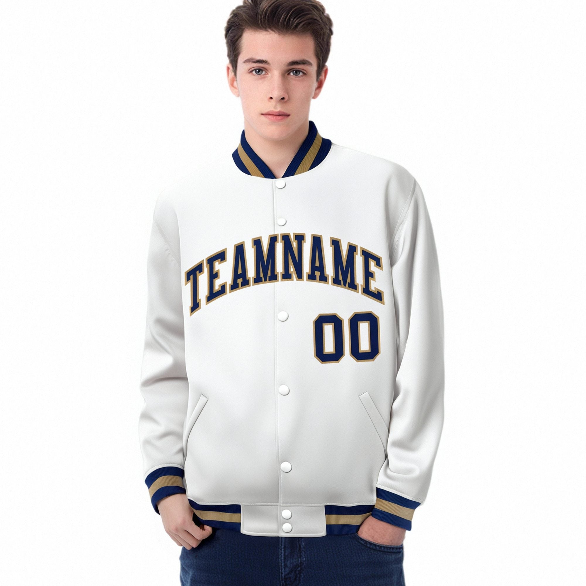 Custom White Navy Old-Gold Bomber Full-Snap Varsity Letterman Jacket