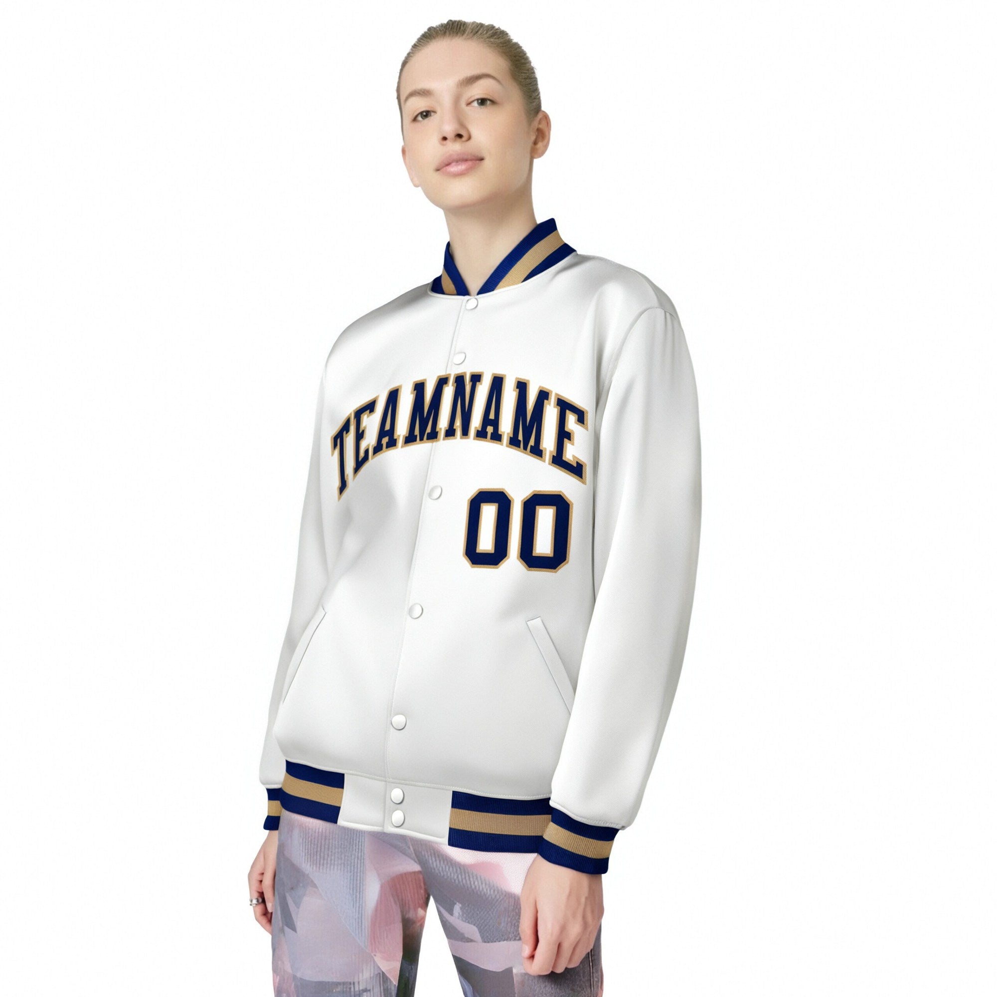 Custom White Navy Old-Gold Bomber Full-Snap Varsity Letterman Jacket