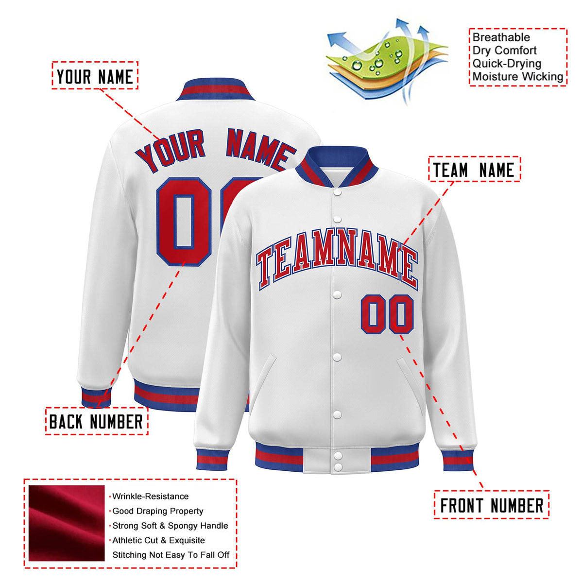 Custom White Red-Blue Bomber Full-Snap Varsity Letterman Jacket