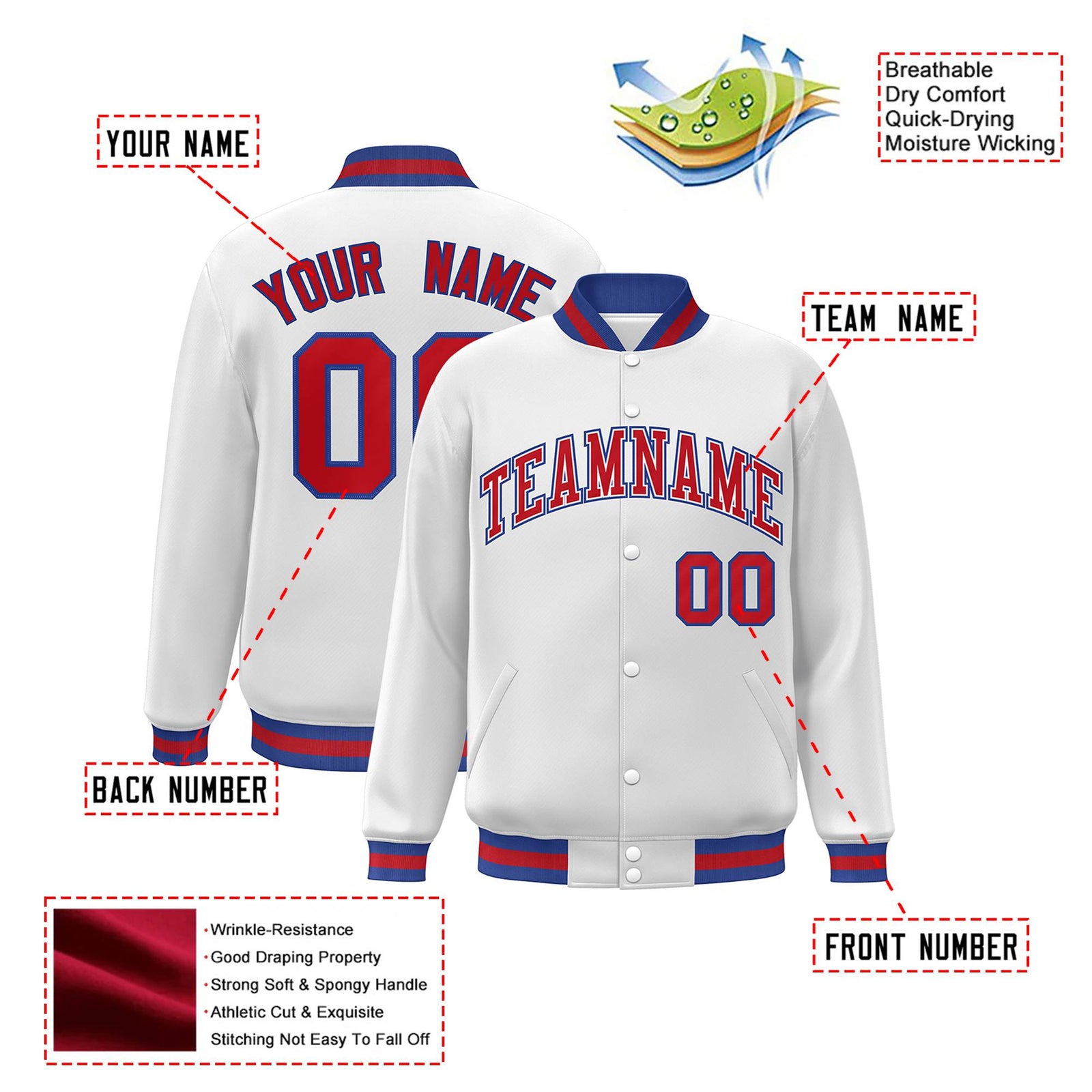 Custom White Red-Blue Bomber Full-Snap Varsity Letterman Jacket