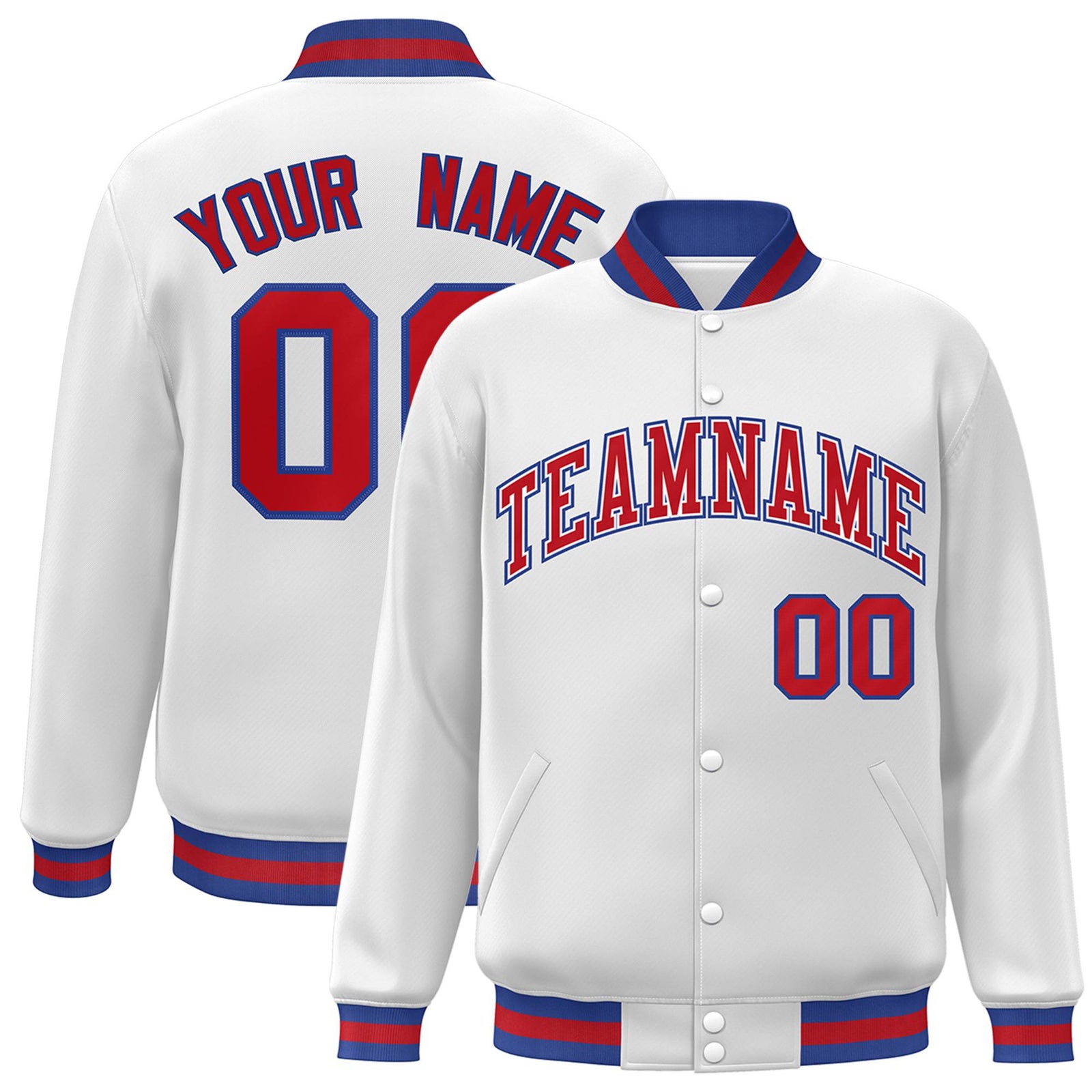 Custom White Red-Blue Bomber Full-Snap Varsity Letterman Jacket