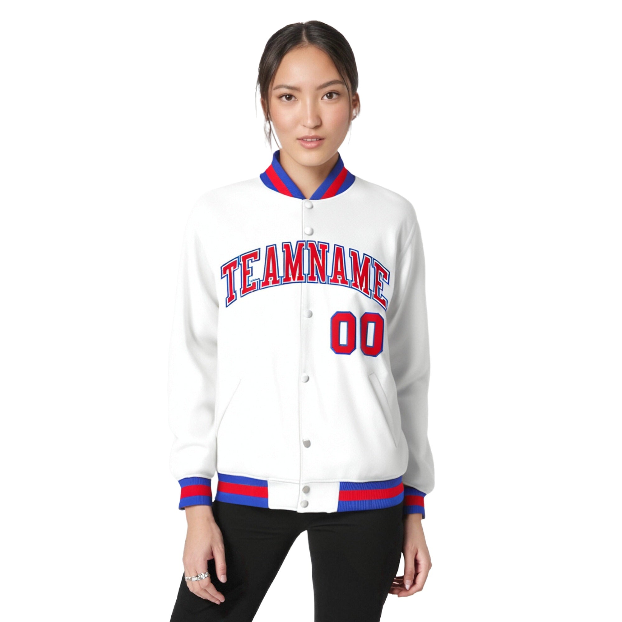 Custom White Red-Blue Bomber Full-Snap Varsity Letterman Jacket