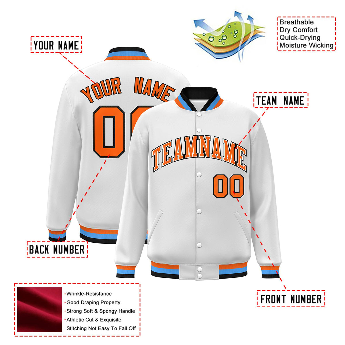Custom White Orange Light-Blue Bomber Full-Snap Varsity Letterman Jacket