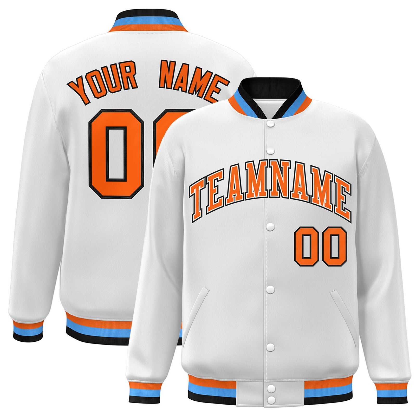 Custom White Orange Light-Blue Bomber Full-Snap Varsity Letterman Jacket