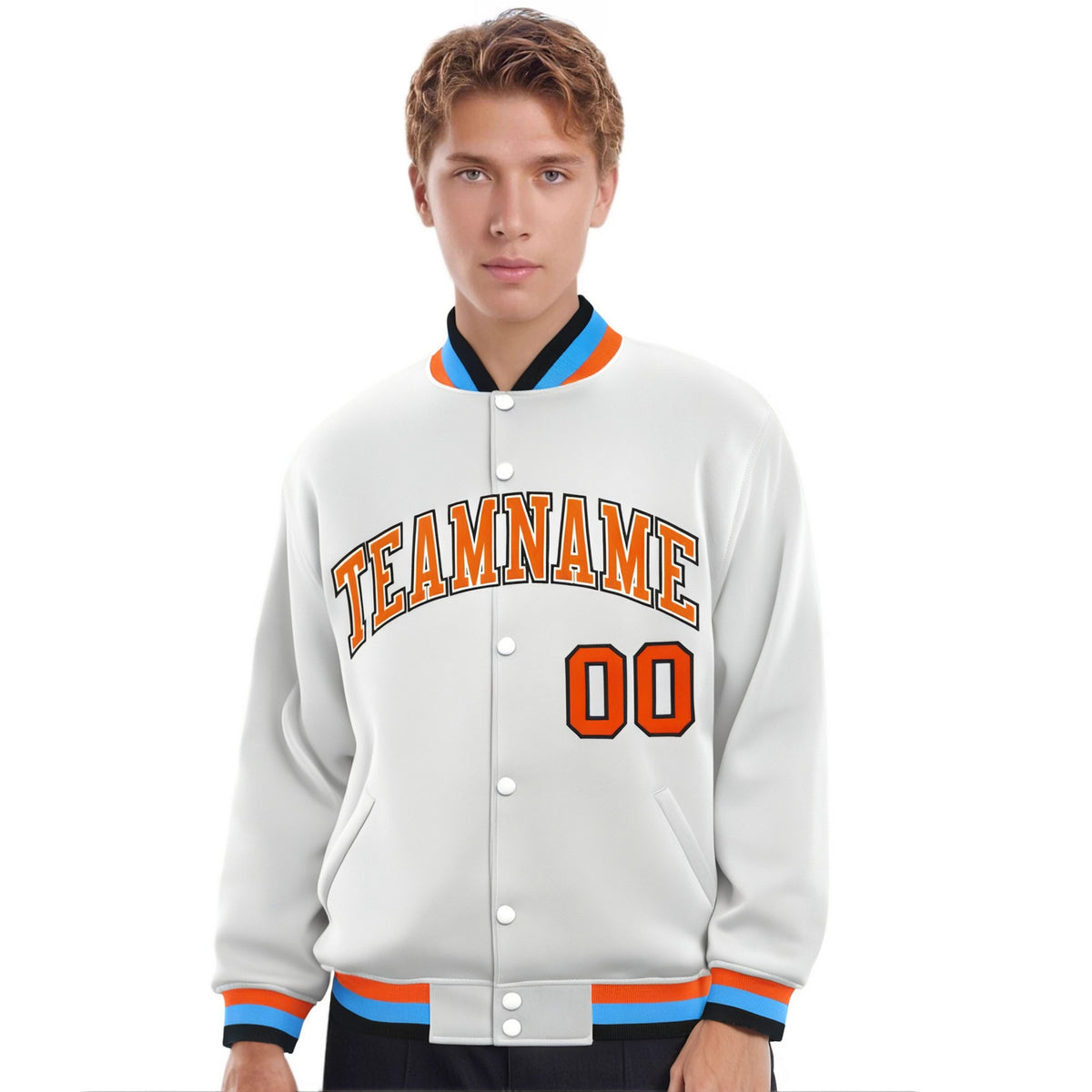 Custom White Orange Light-Blue Bomber Full-Snap Varsity Letterman Jacket