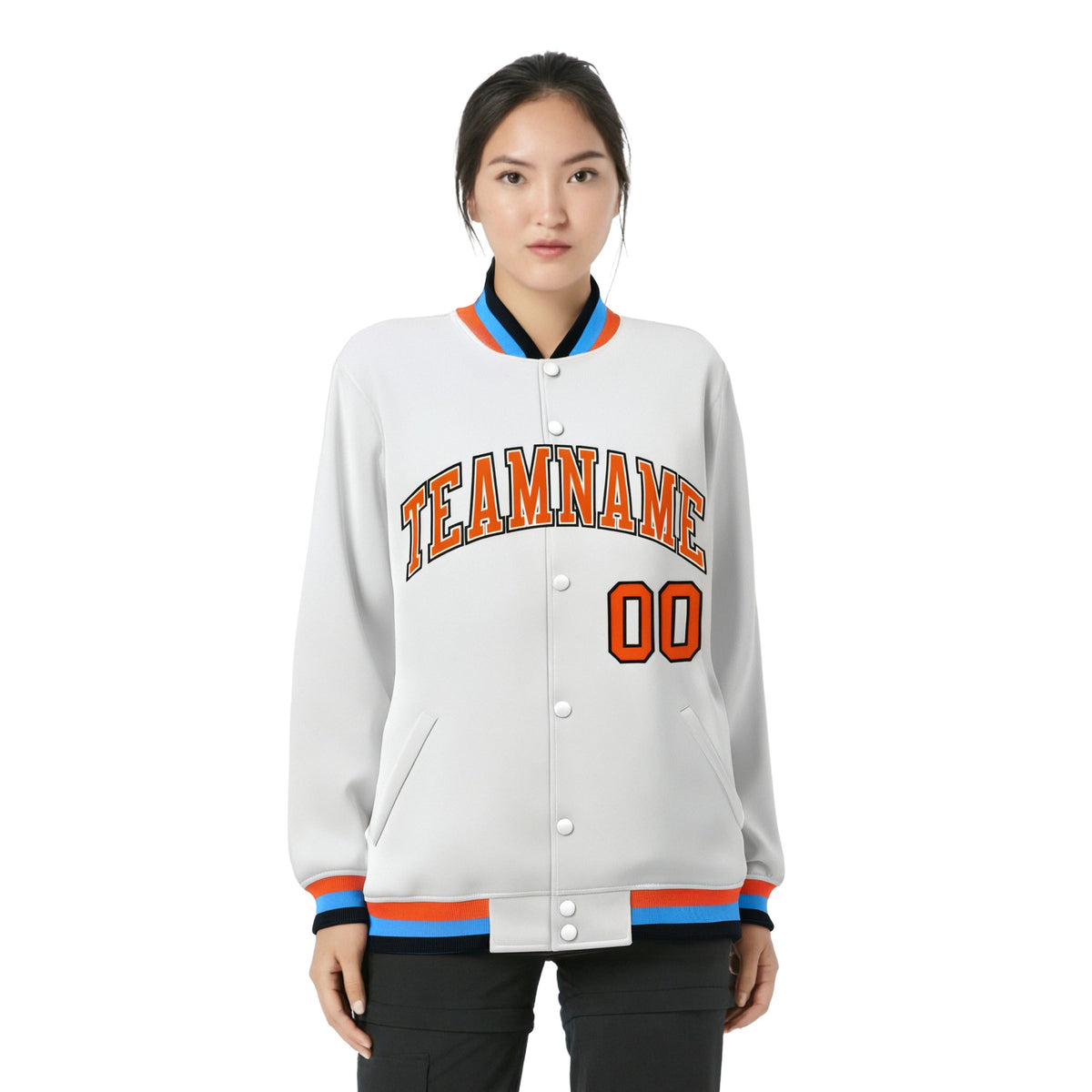 Custom White Orange Light-Blue Bomber Full-Snap Varsity Letterman Jacket