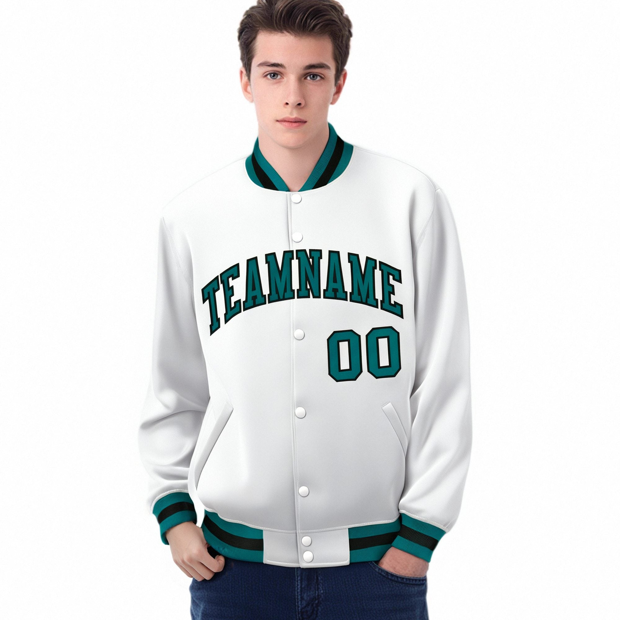 Custom White Aqua-Black Bomber Full-Snap Varsity Letterman Jacket