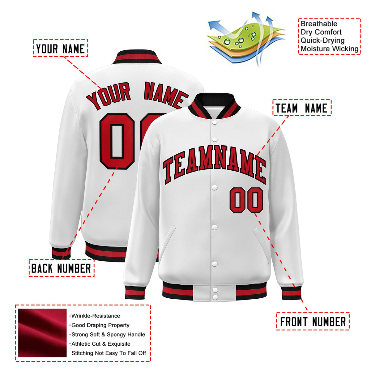 Custom White Red-Black Bomber Full-Snap Varsity Letterman Jacket