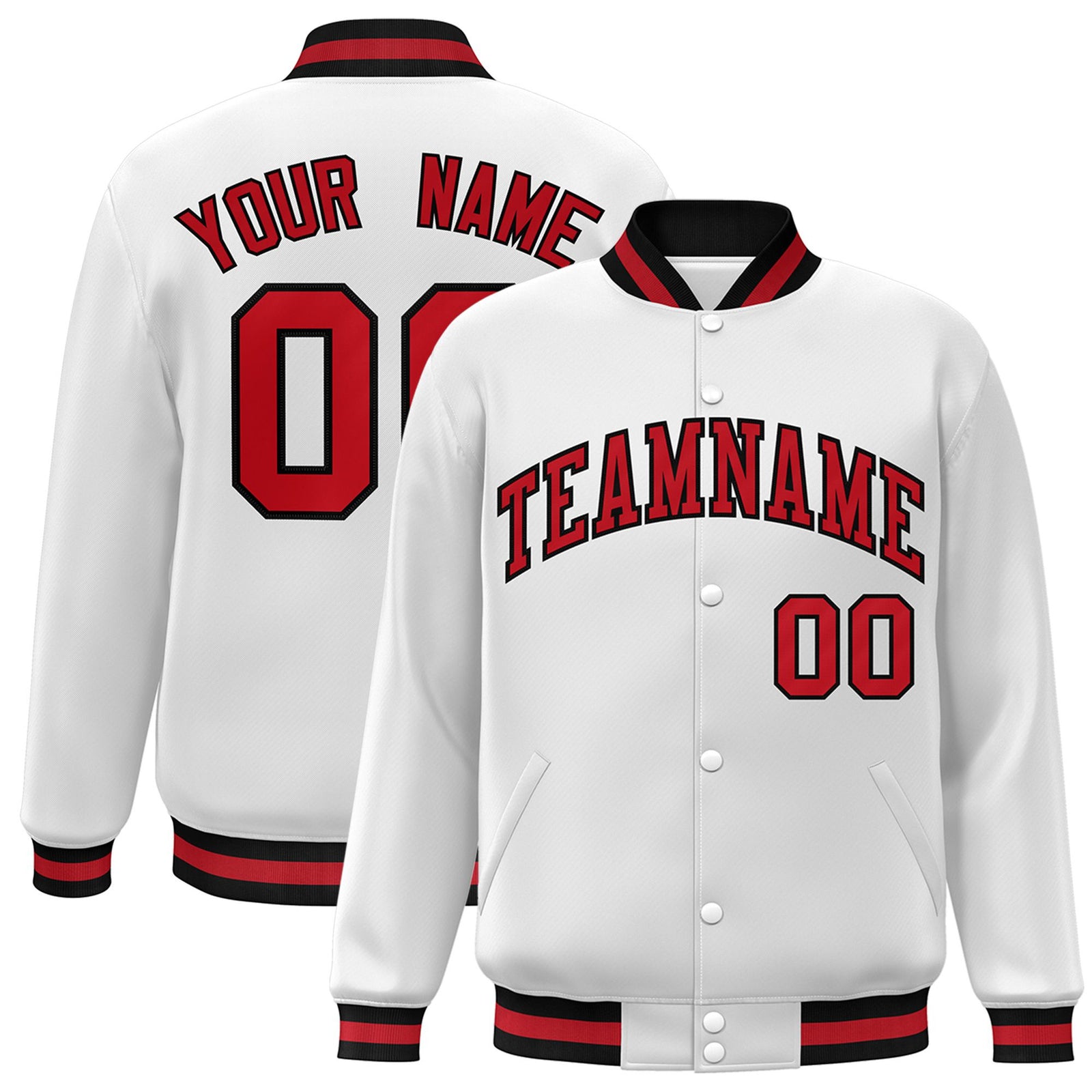Custom White Red-Black Bomber Full-Snap Varsity Letterman Jacket