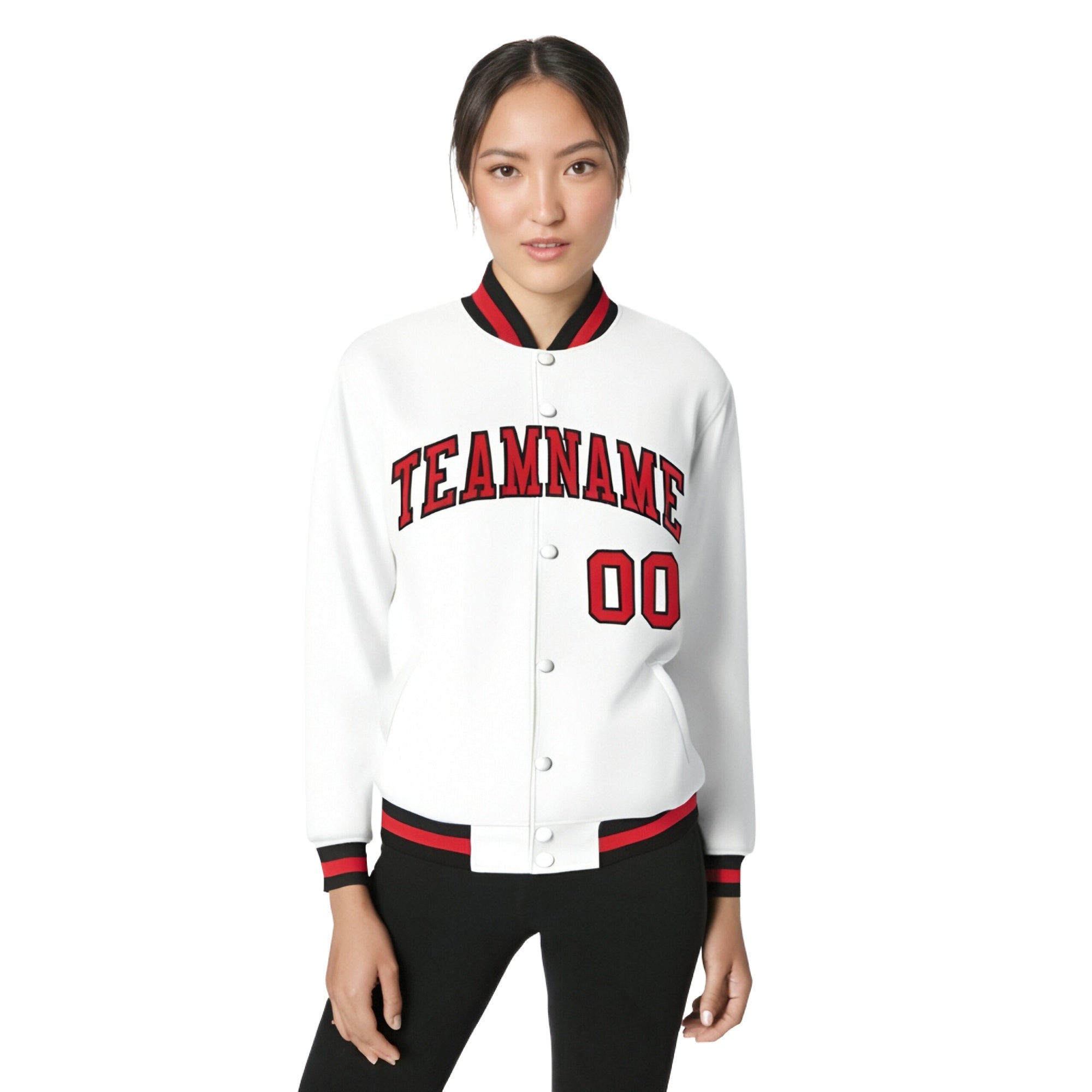 Custom White Red-Black Bomber Full-Snap Varsity Letterman Jacket