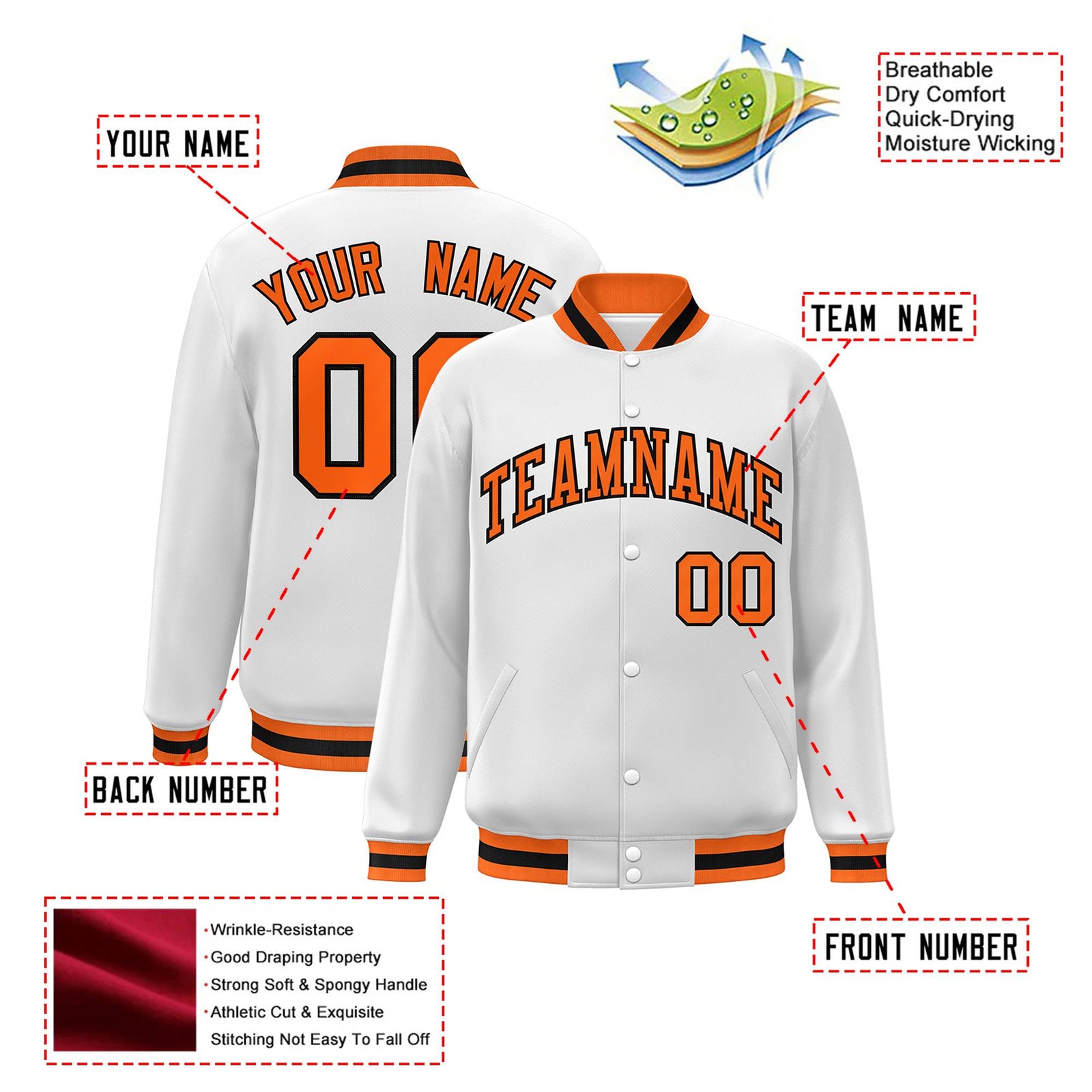 Custom White Orange-Black Bomber Full-Snap Varsity Letterman Jacket