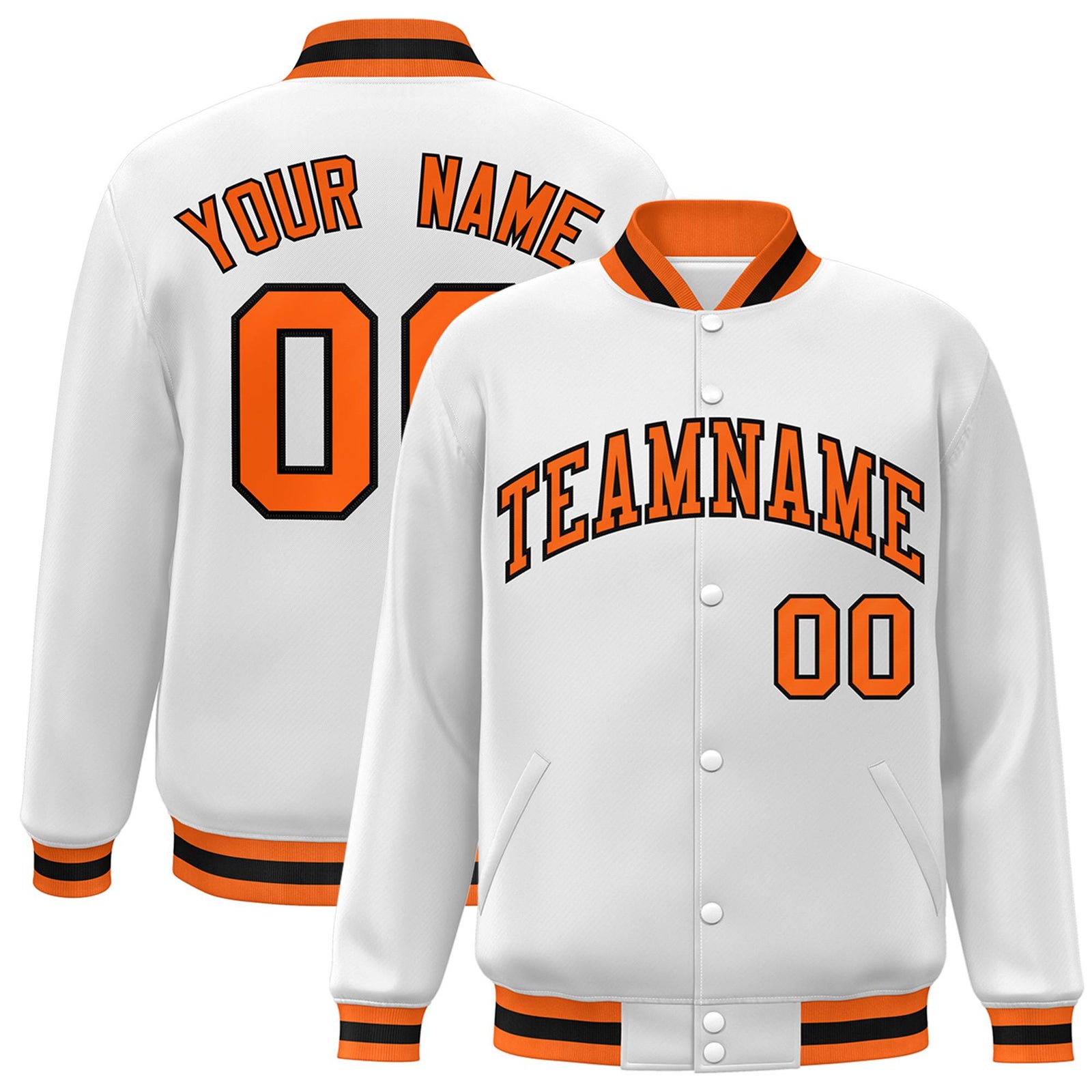 Custom White Orange-Black Bomber Full-Snap Varsity Letterman Jacket