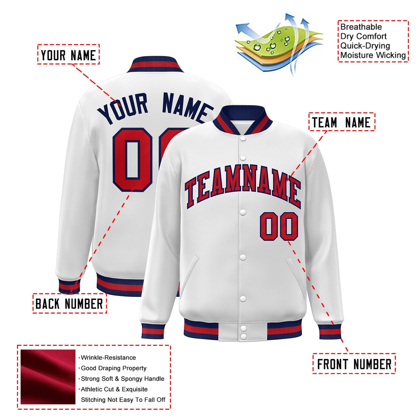 Custom White Red-Navy Bomber Full-Snap Varsity Letterman Jacket