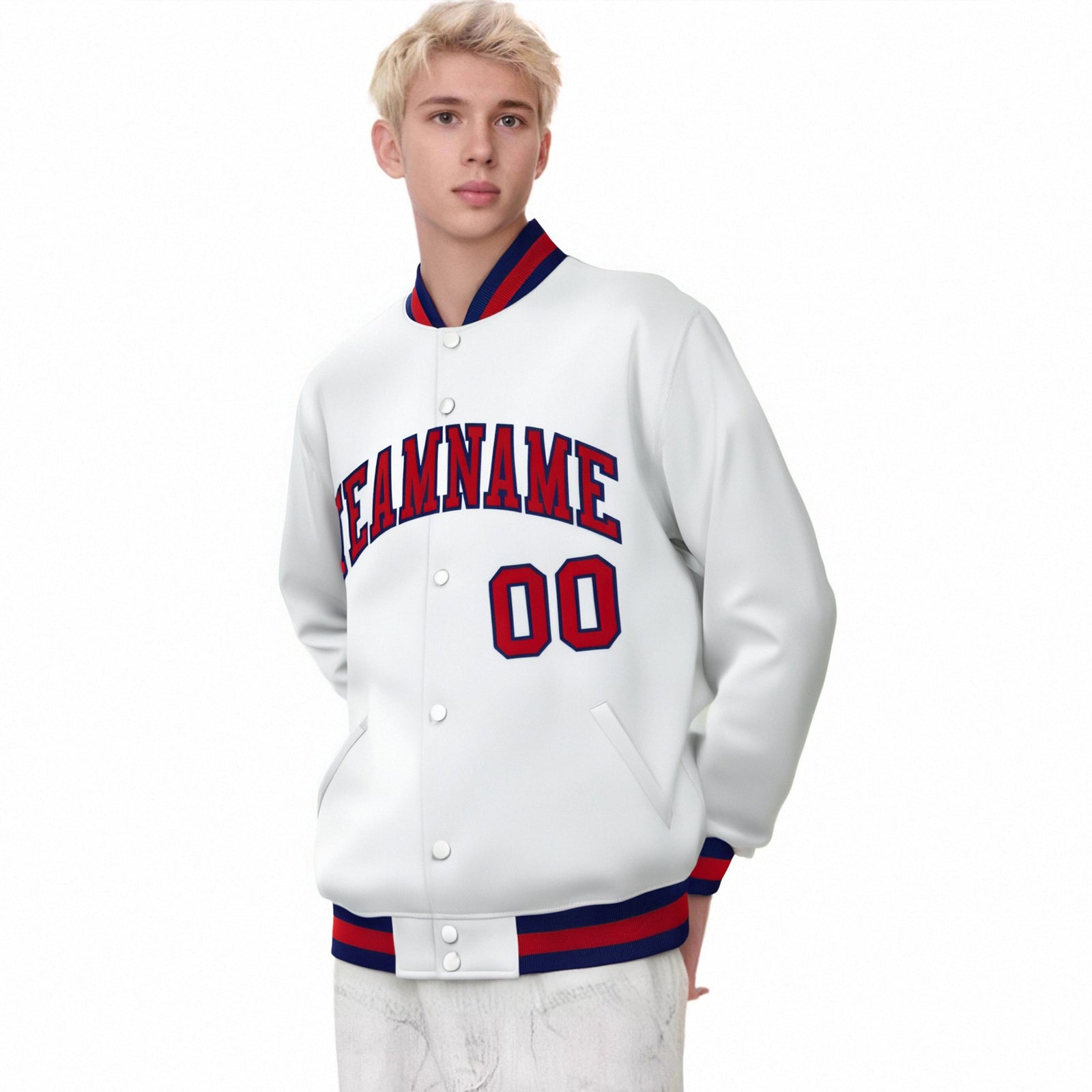 Custom White Red-Navy Bomber Full-Snap Varsity Letterman Jacket