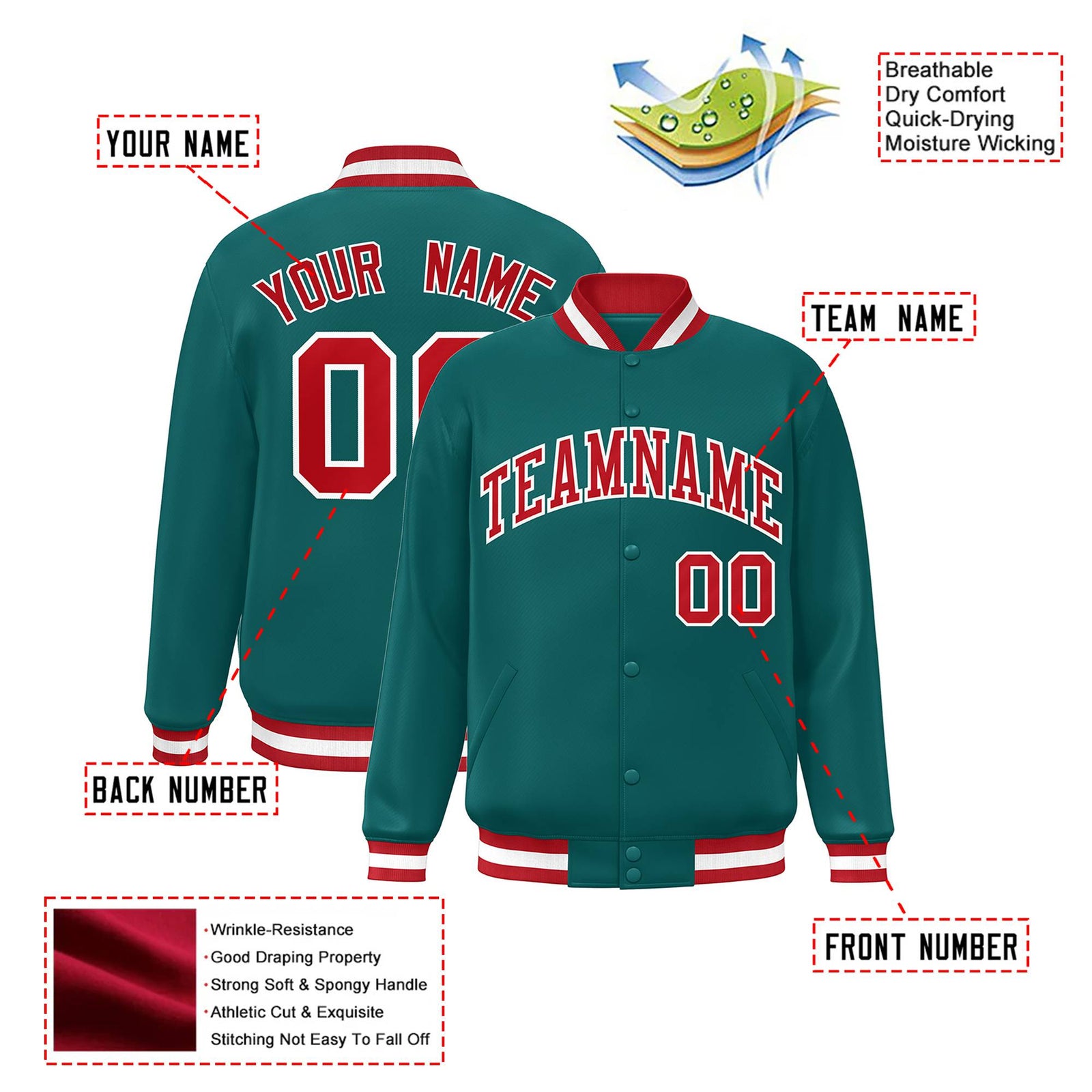 Custom Aqua Red-White Bomber Full-Snap Varsity Letterman Jacket