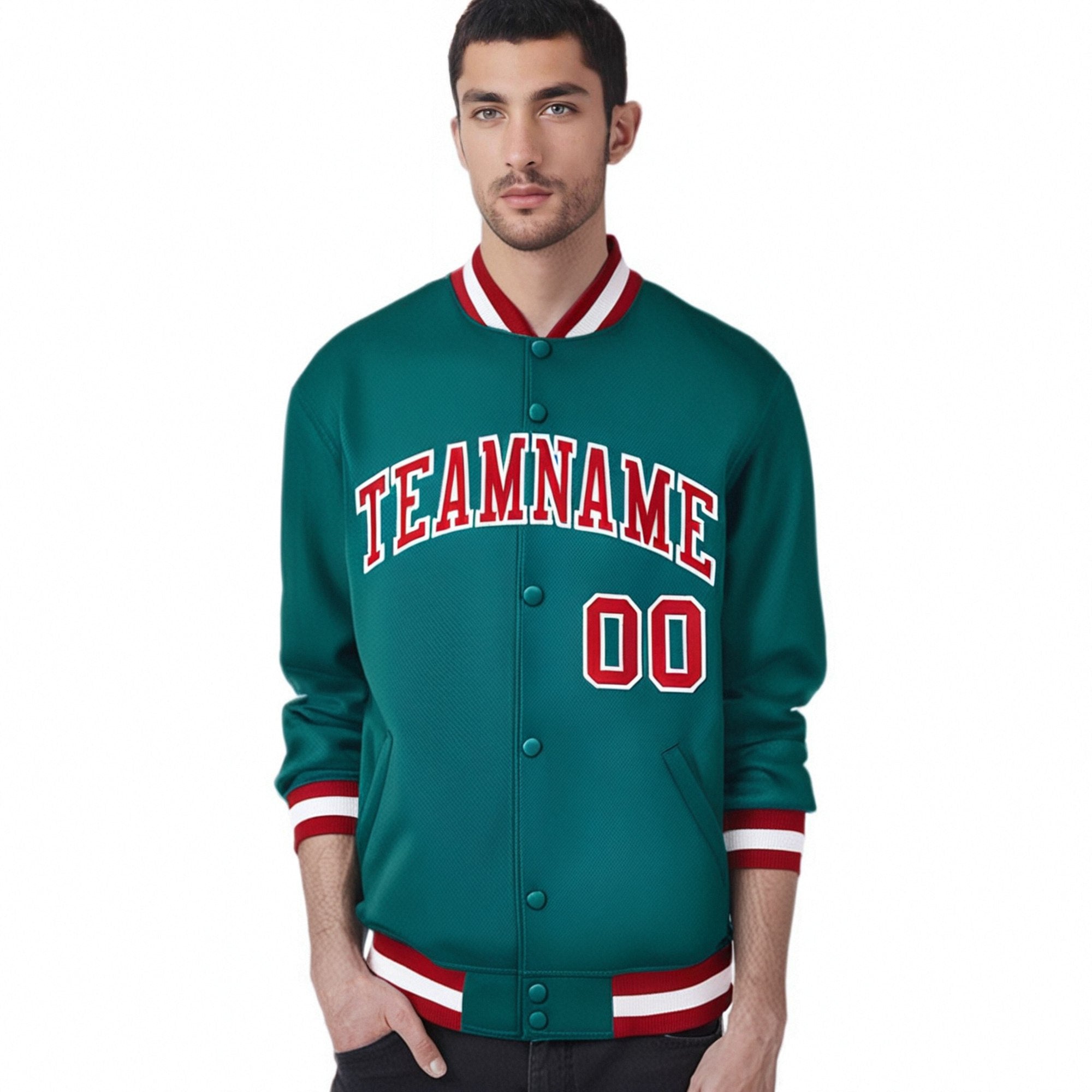 Custom Aqua Red-White Bomber Full-Snap Varsity Letterman Jacket