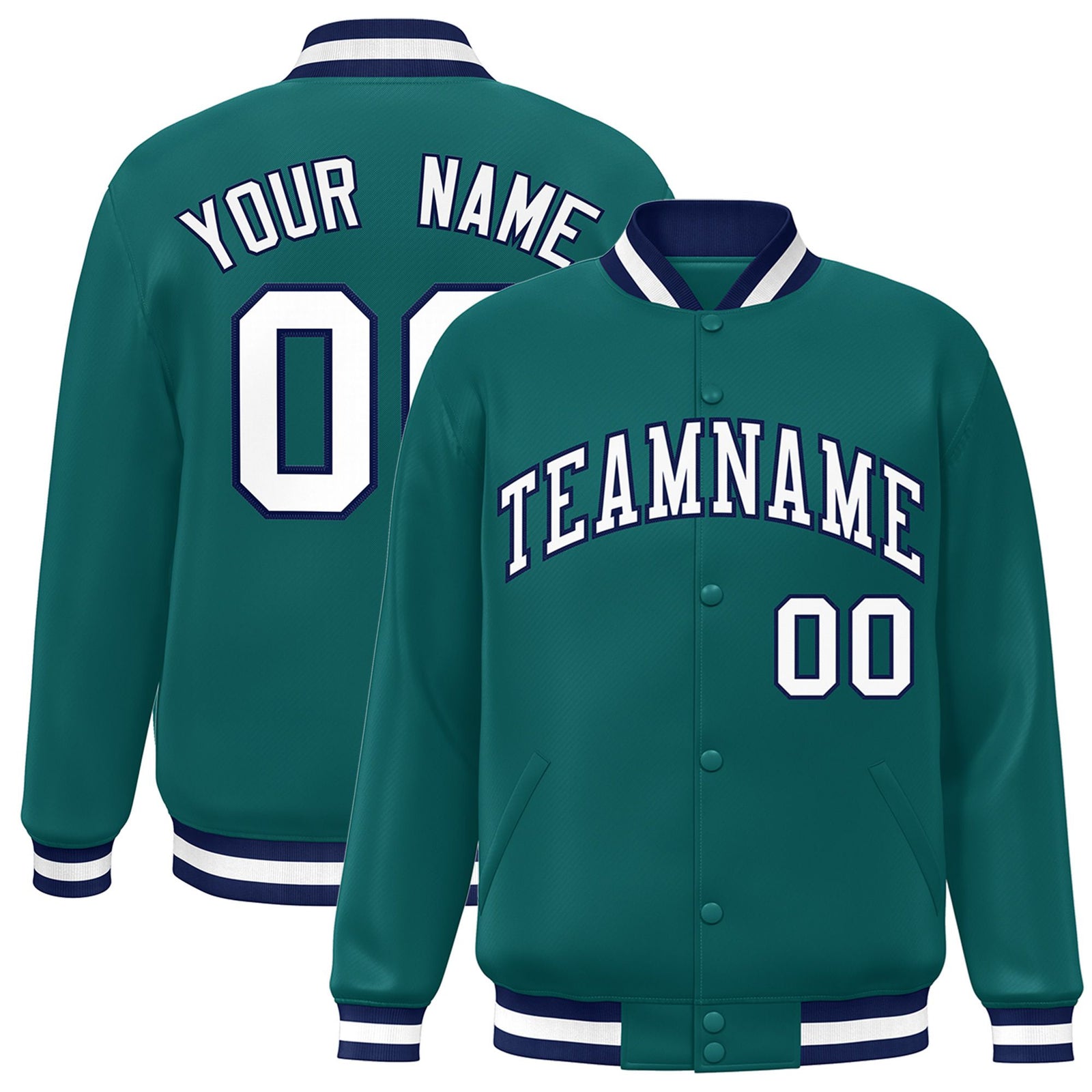 Custom Aqua White-Navy Bomber Full-Snap Varsity Letterman Jacket