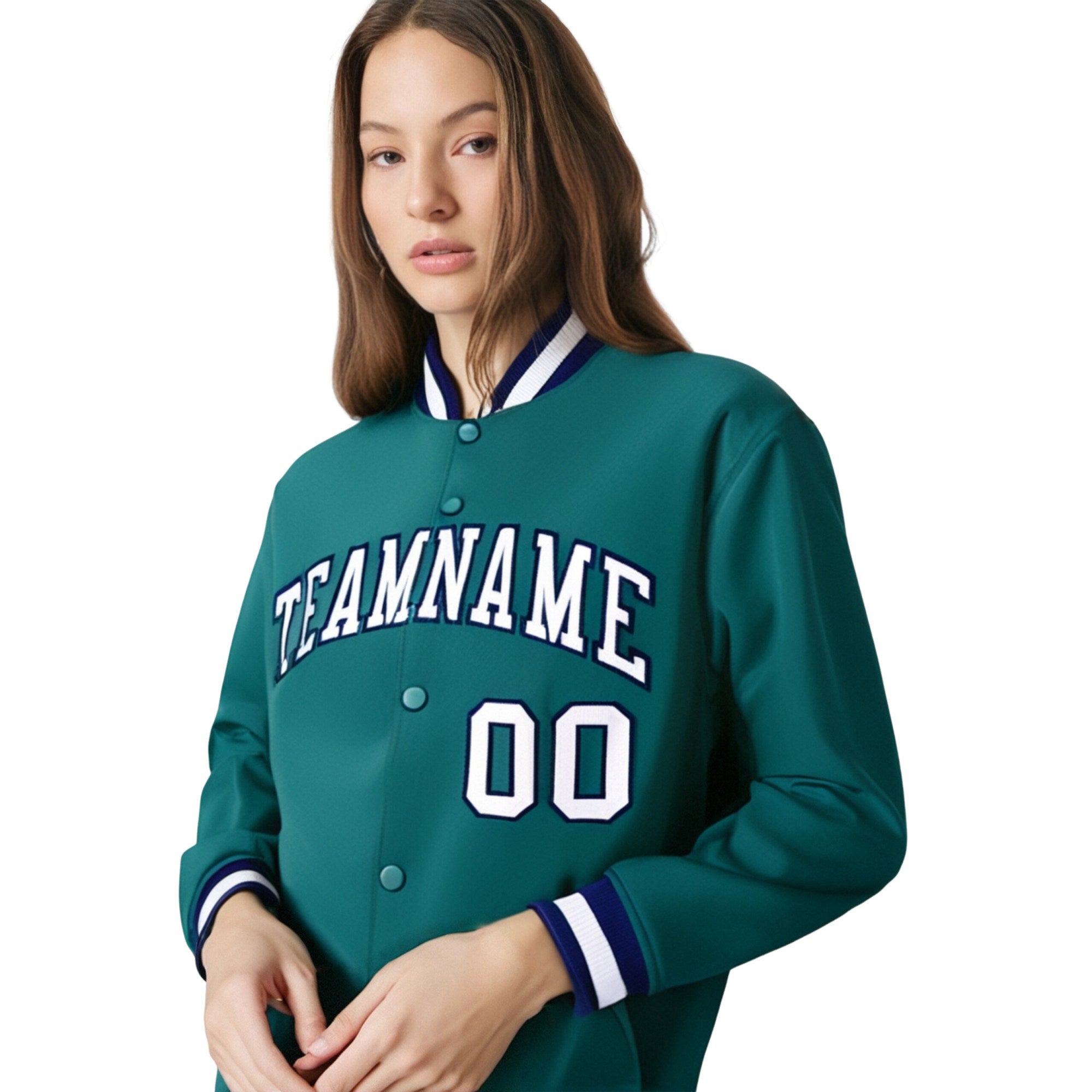 Custom Aqua White-Navy Bomber Full-Snap Varsity Letterman Jacket