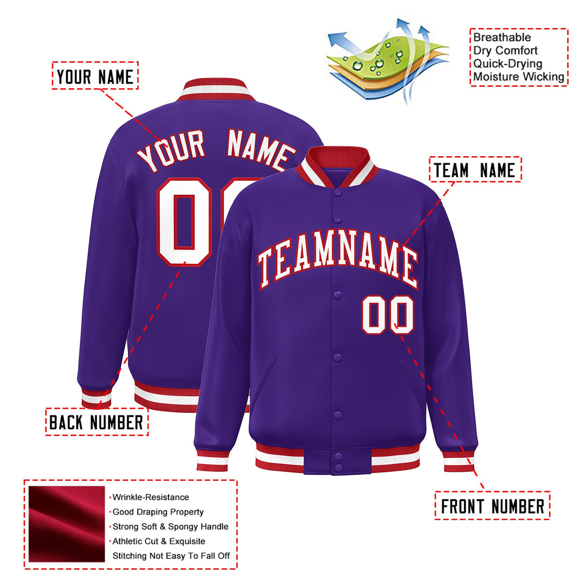 Custom Purple White-Red Bomber Full-Snap Varsity Letterman Jacket