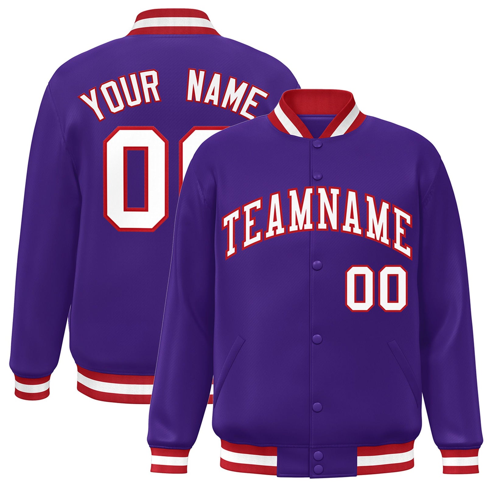 Custom Purple White-Red Bomber Full-Snap Varsity Letterman Jacket