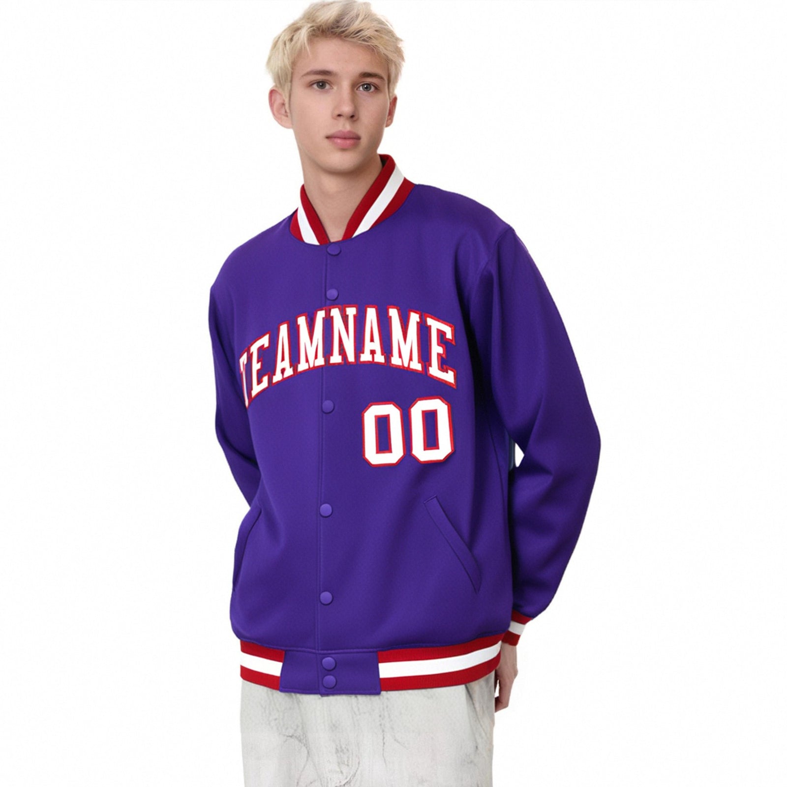 Custom Purple White-Red Bomber Full-Snap Varsity Letterman Jacket