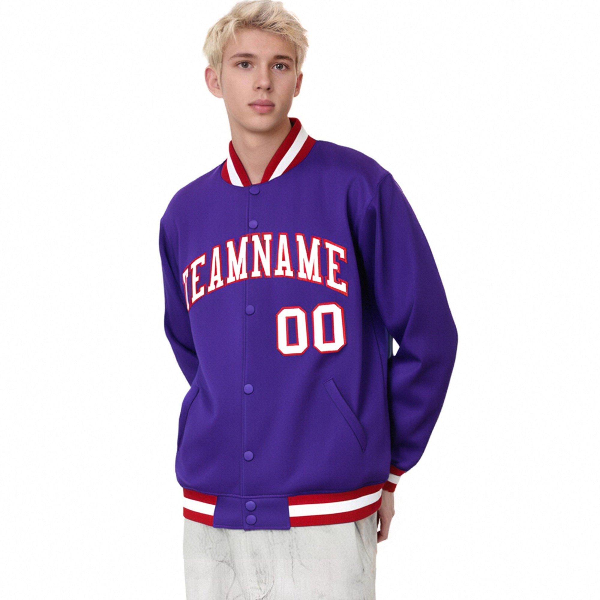 Custom Purple White-Red Bomber Full-Snap Varsity Letterman Jacket