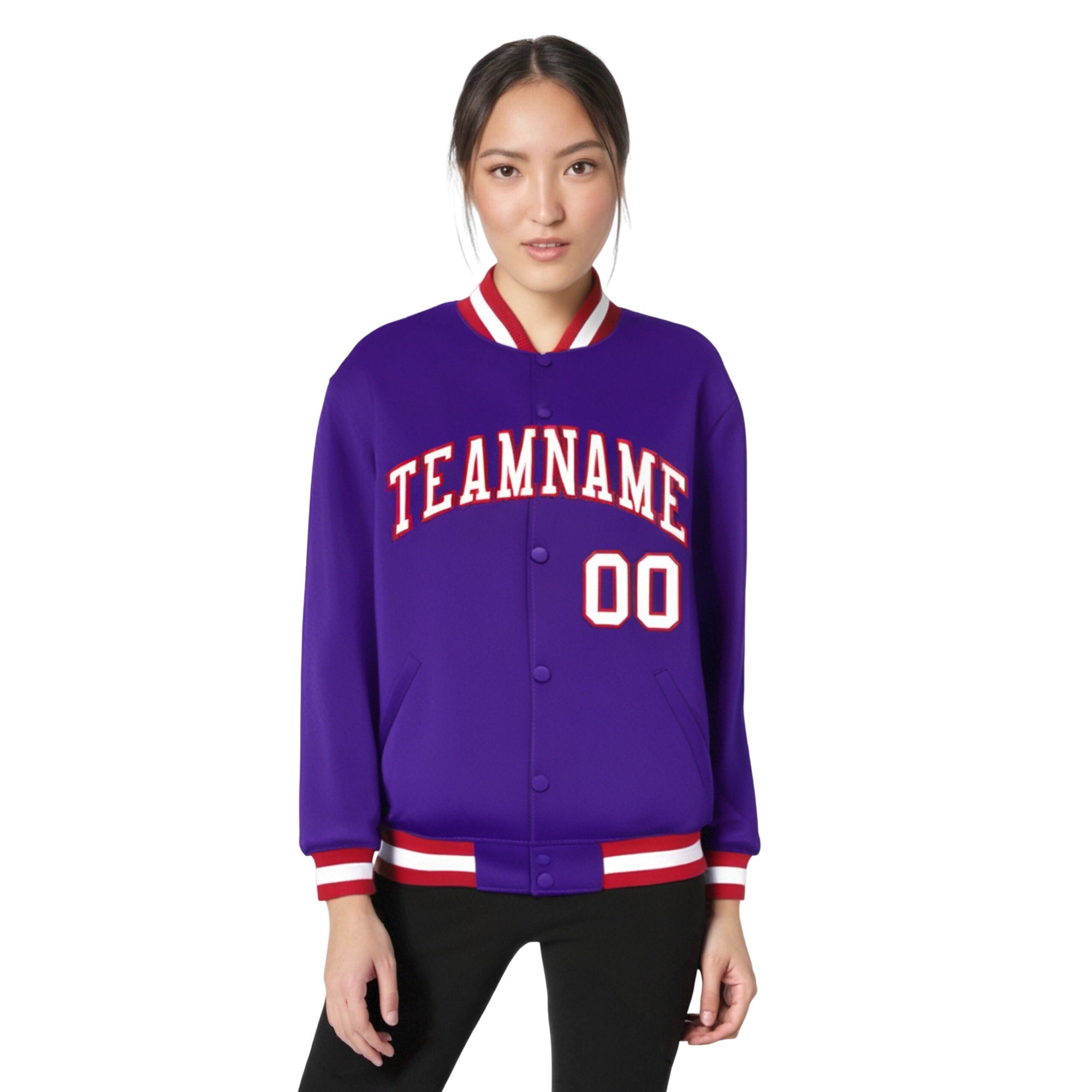 Custom Purple White-Red Bomber Full-Snap Varsity Letterman Jacket